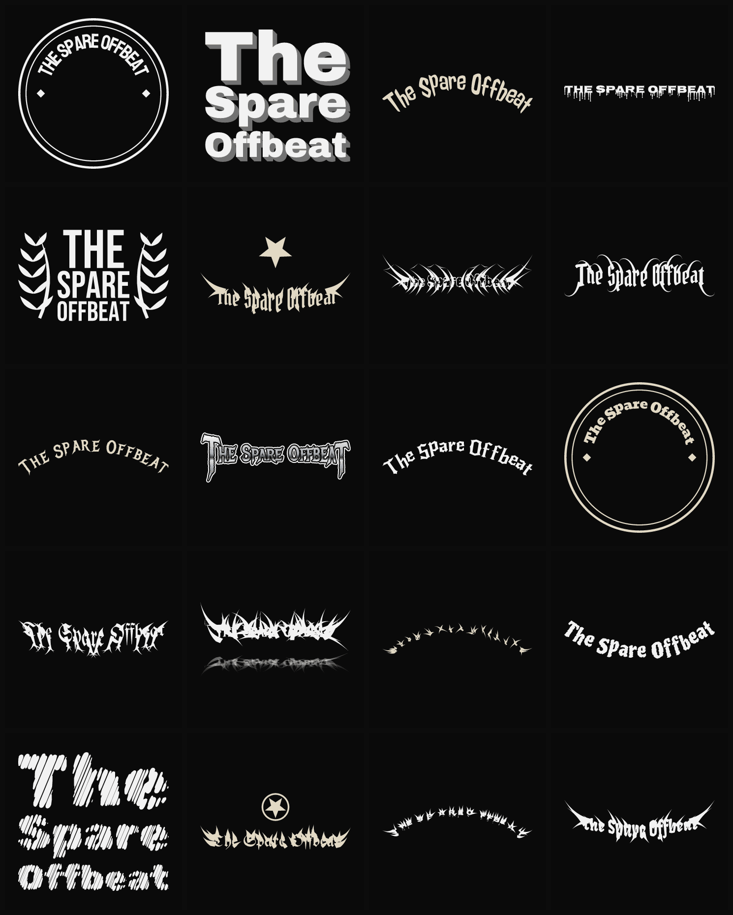 Twenty The Spare Offbeat band logo ideas — different faces, treatments and spike settings