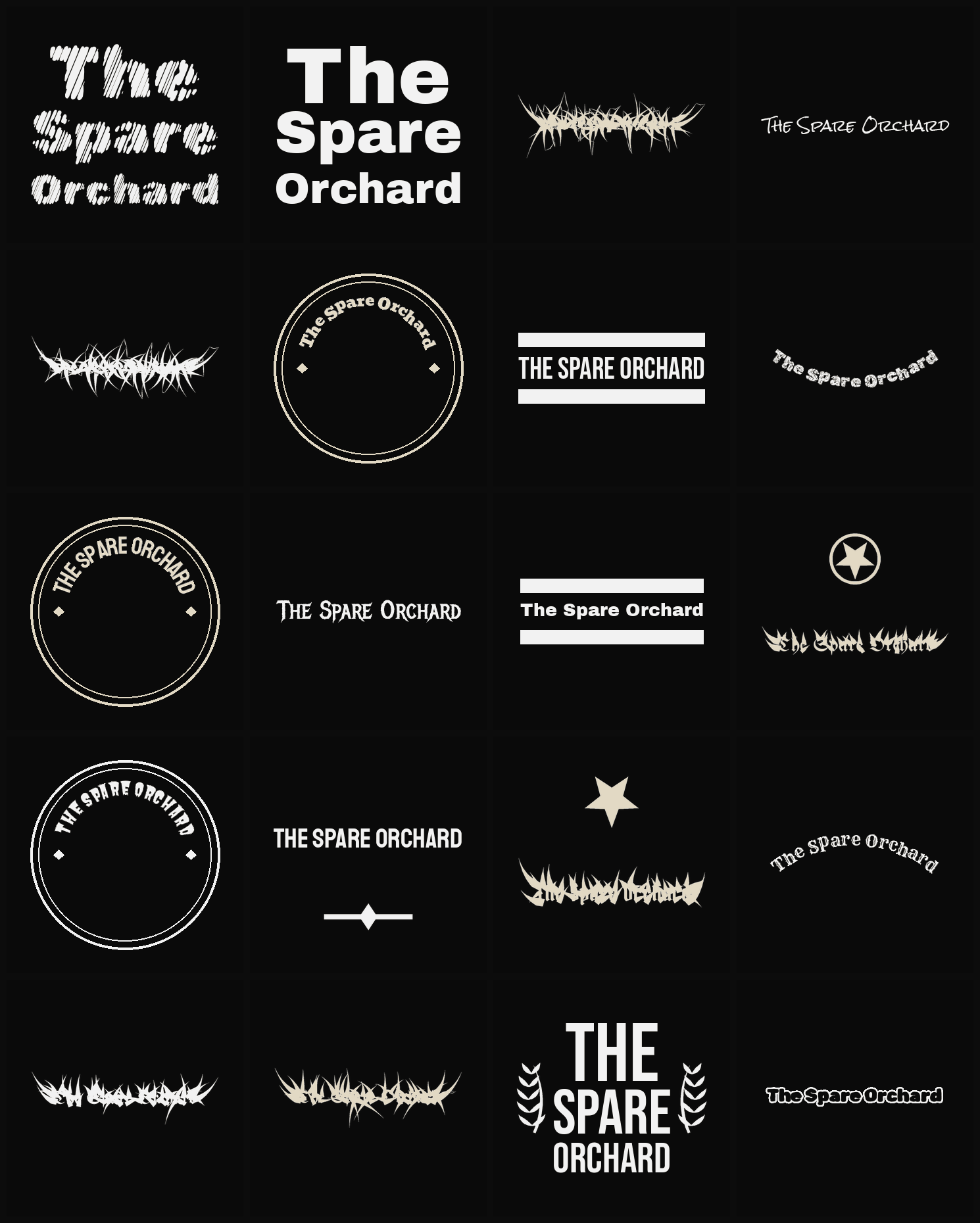 Twenty The Spare Orchard band logo ideas — different faces, treatments and spike settings