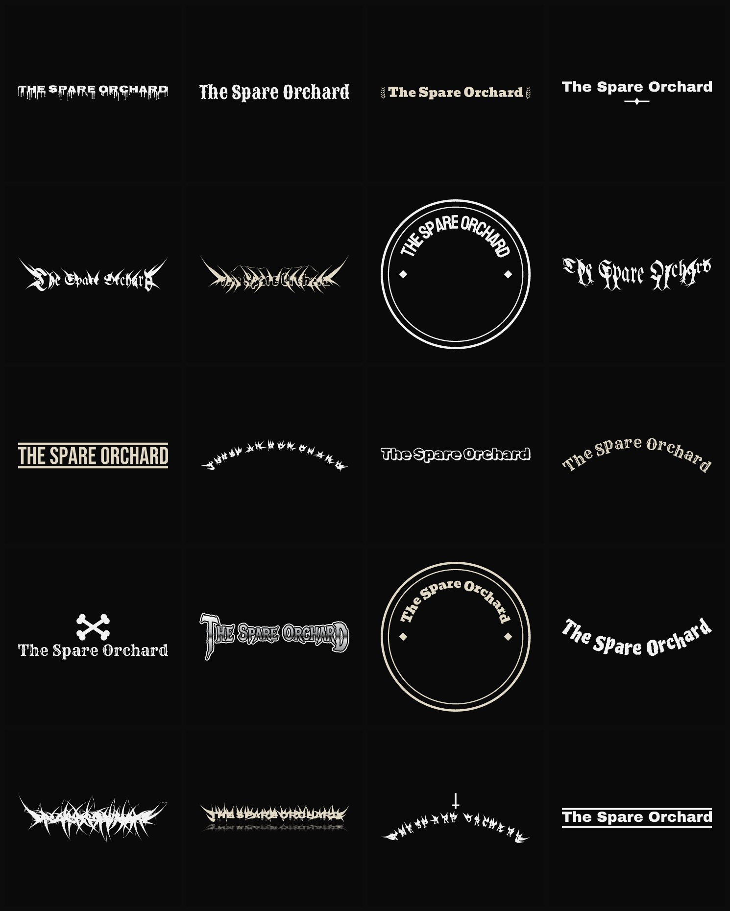 Twenty The Spare Orchard band logo ideas — different faces, treatments and spike settings