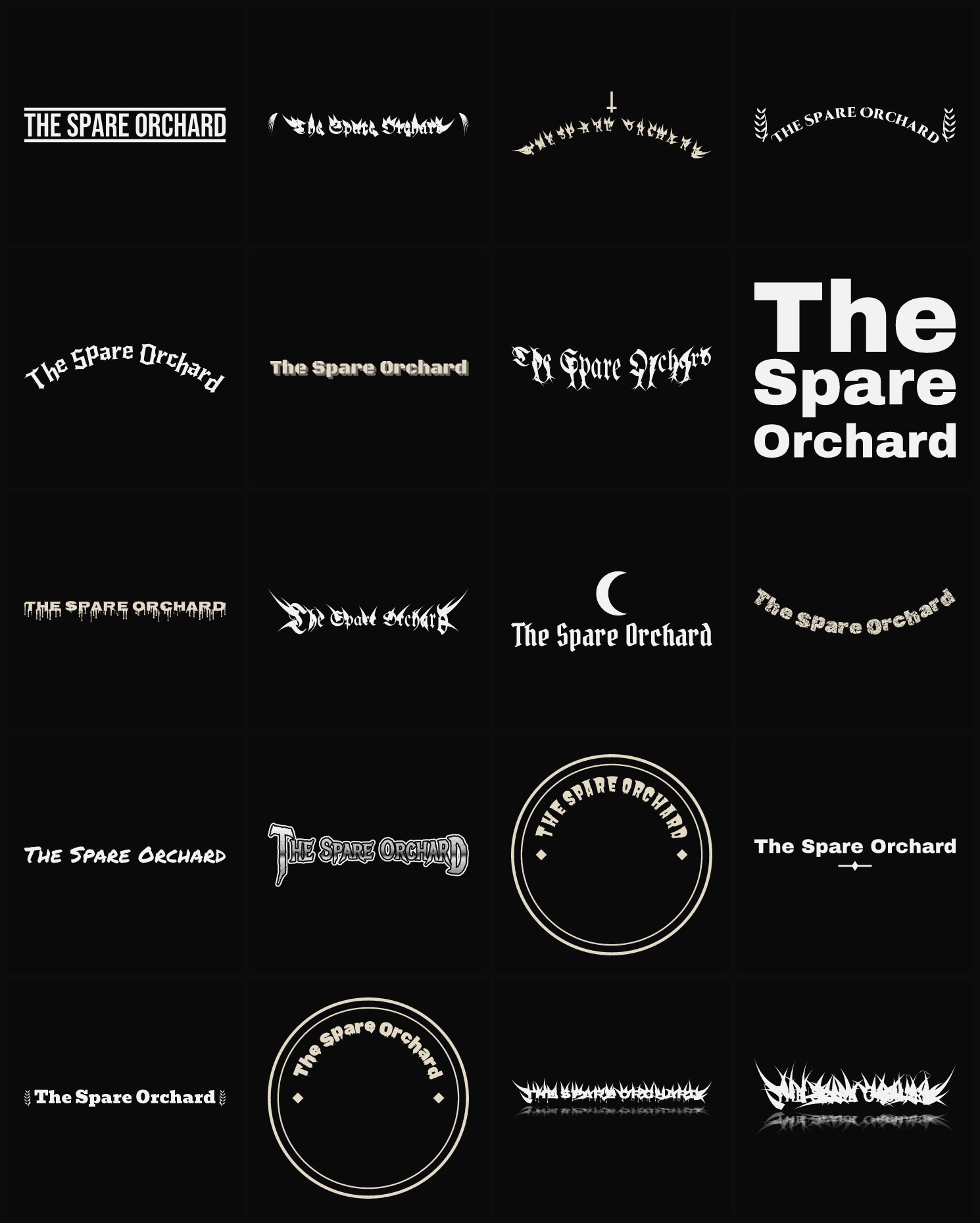 Twenty The Spare Orchard band logo ideas — different faces, treatments and spike settings