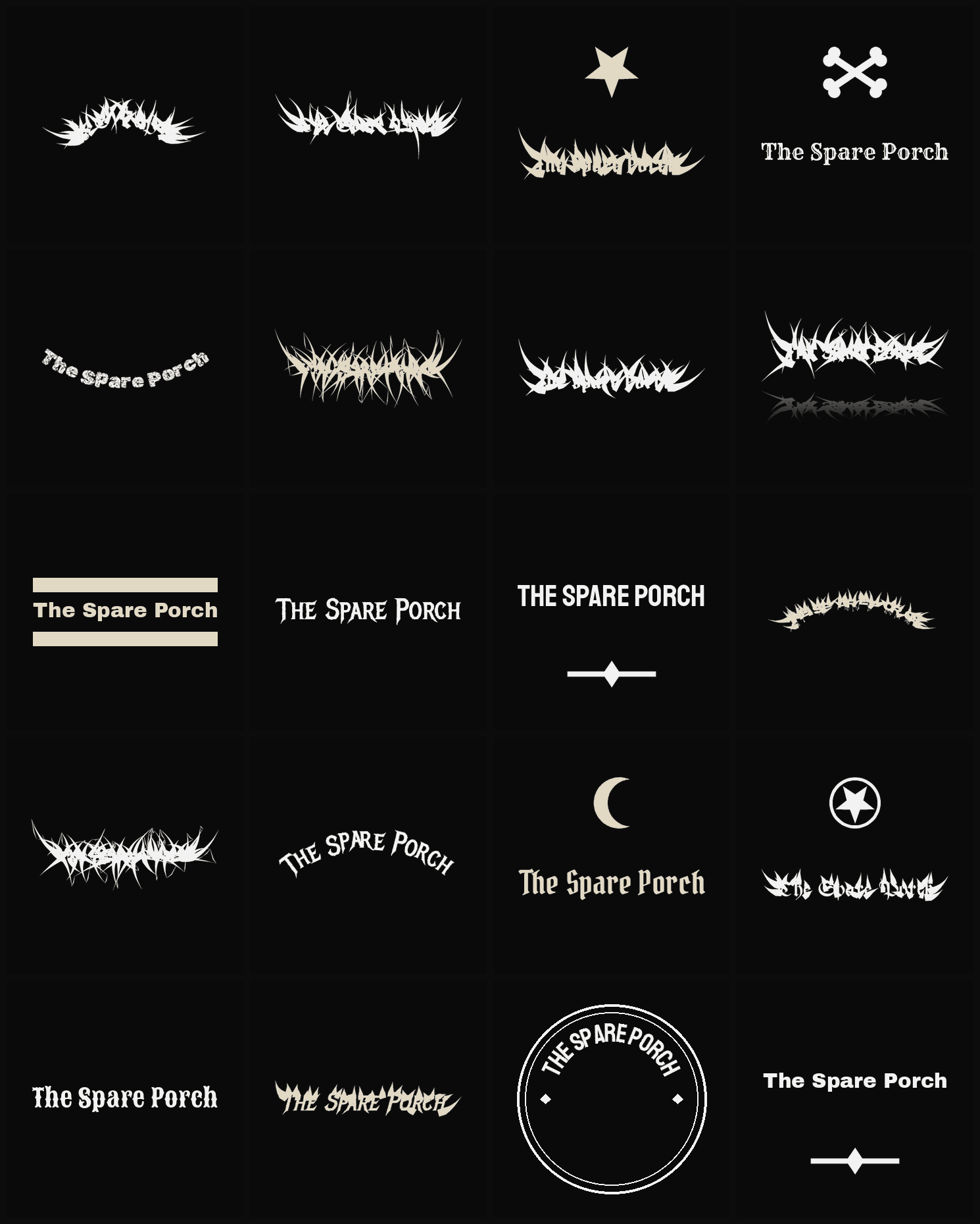 Twenty The Spare Porch band logo ideas — different faces, treatments and spike settings