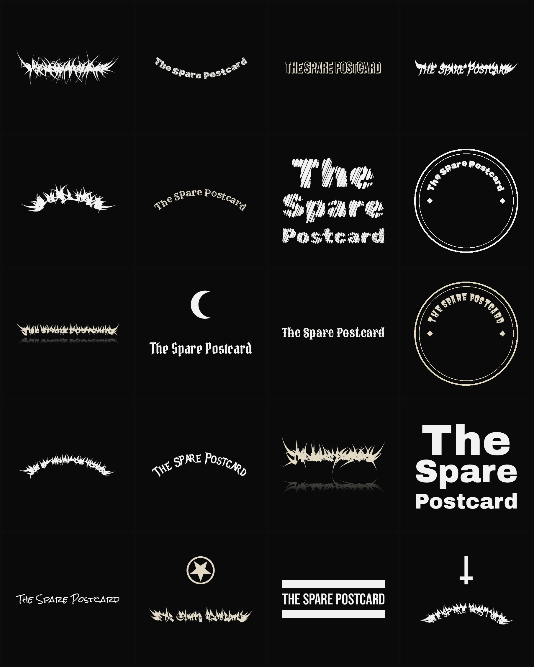 Twenty The Spare Postcard band logo ideas — different faces, treatments and spike settings