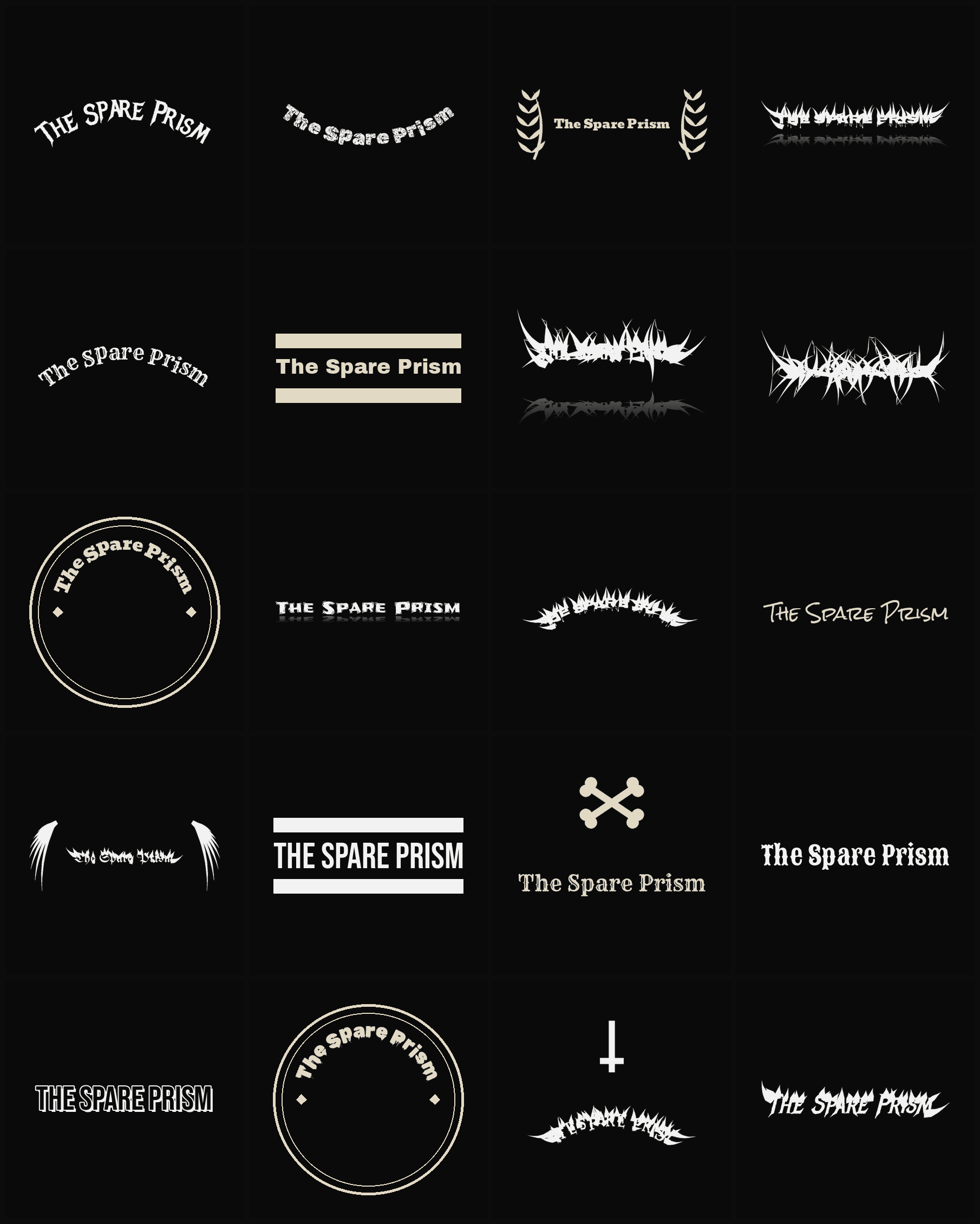 Twenty The Spare Prism band logo ideas — different faces, treatments and spike settings