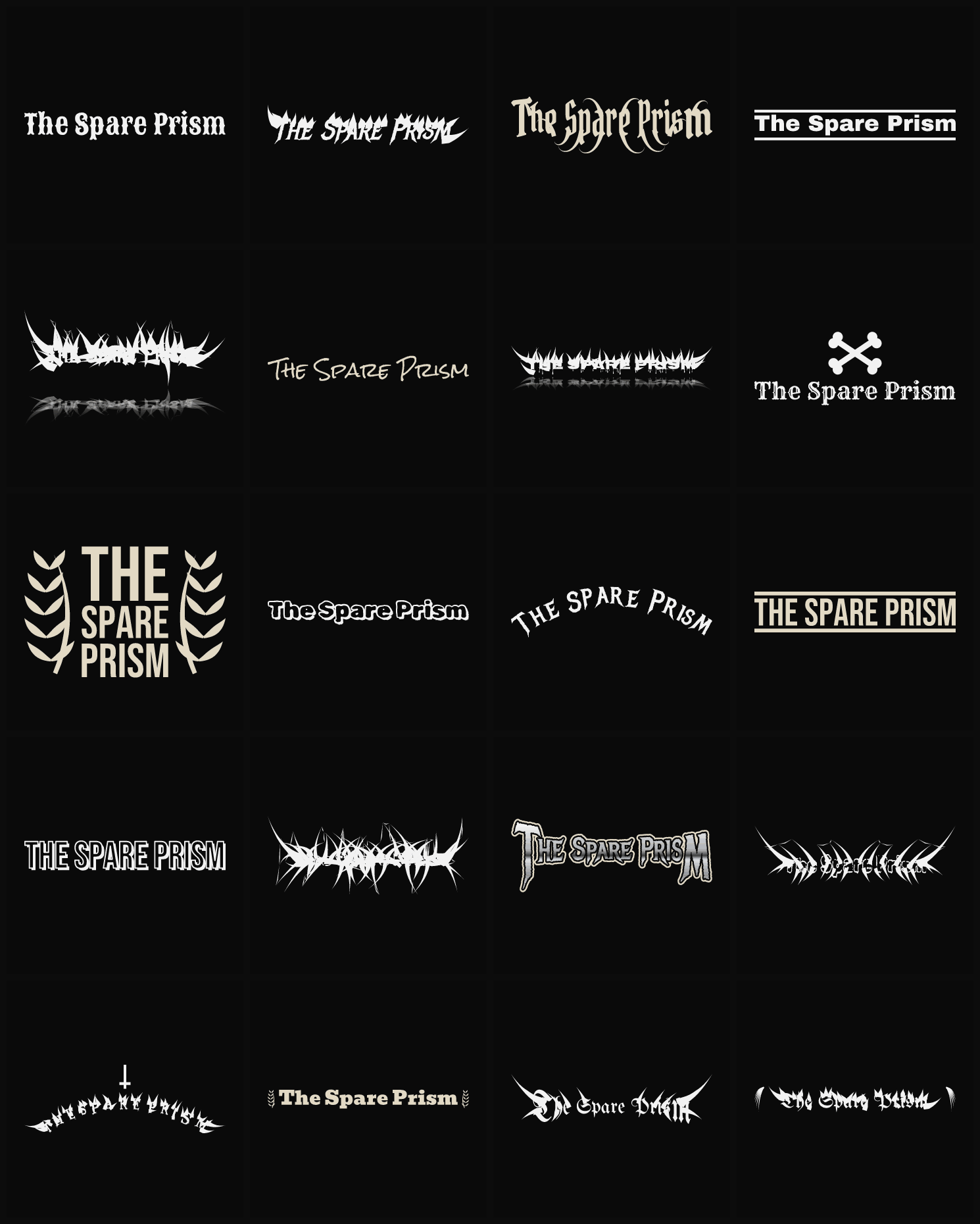 Twenty The Spare Prism band logo ideas — different faces, treatments and spike settings