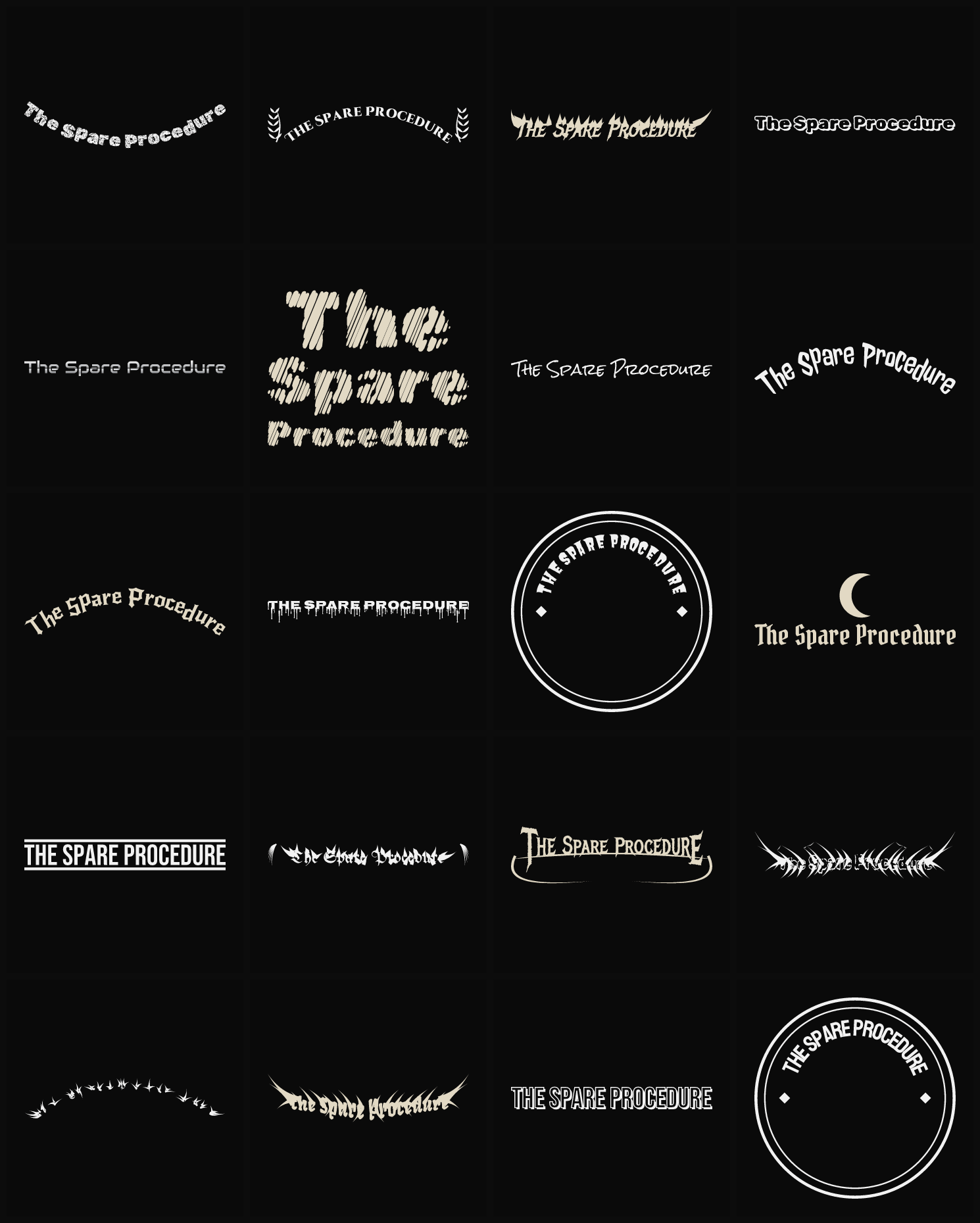 Twenty The Spare Procedure band logo ideas — different faces, treatments and spike settings