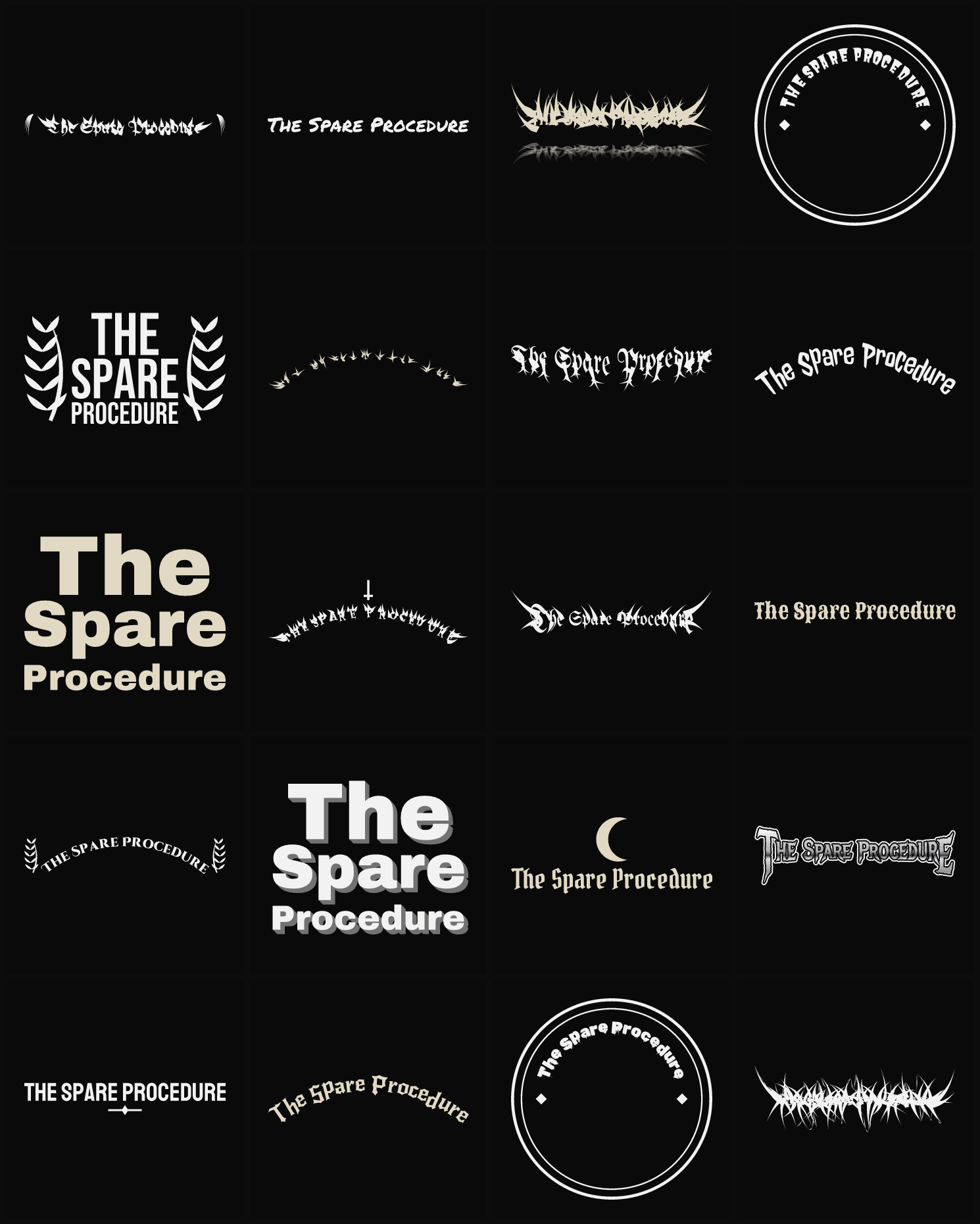 Twenty The Spare Procedure band logo ideas — different faces, treatments and spike settings