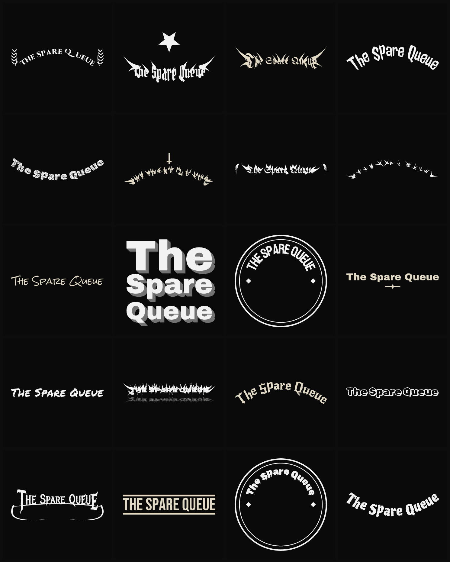 Twenty The Spare Queue band logo ideas — different faces, treatments and spike settings