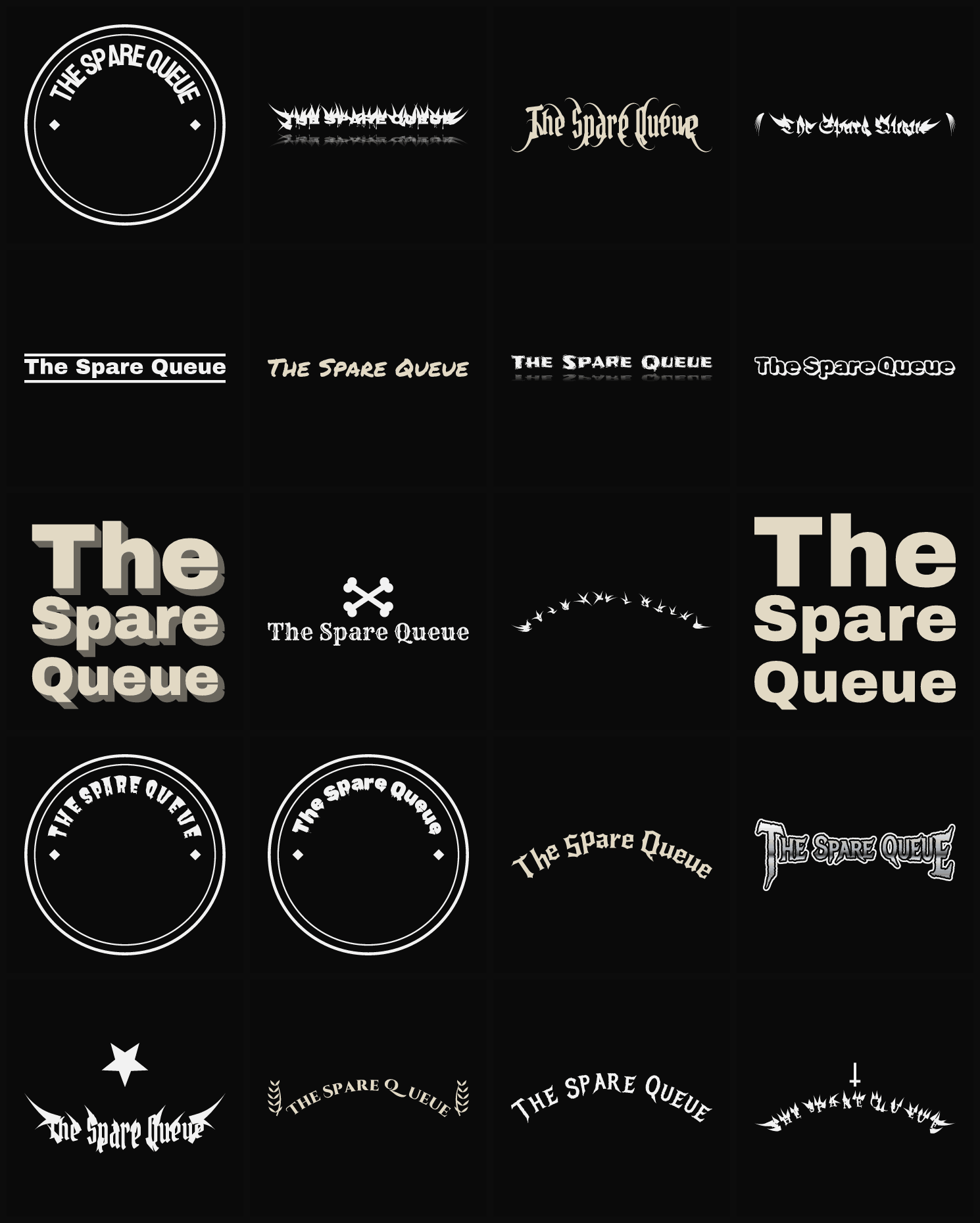 Twenty The Spare Queue band logo ideas — different faces, treatments and spike settings
