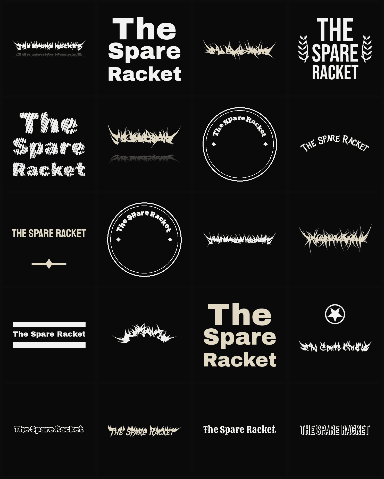 Twenty The Spare Racket band logo ideas — different faces, treatments and spike settings