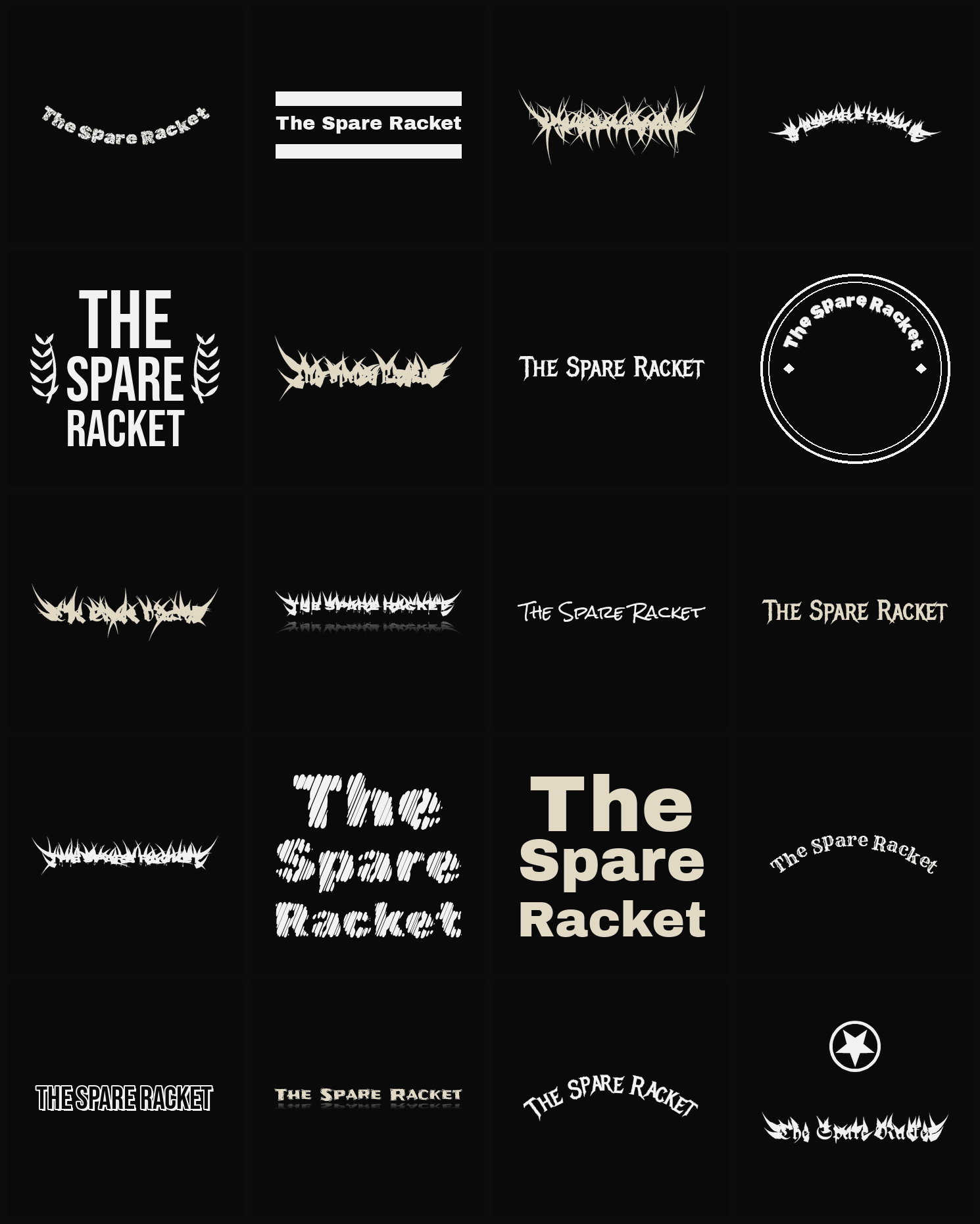 Twenty The Spare Racket band logo ideas — different faces, treatments and spike settings
