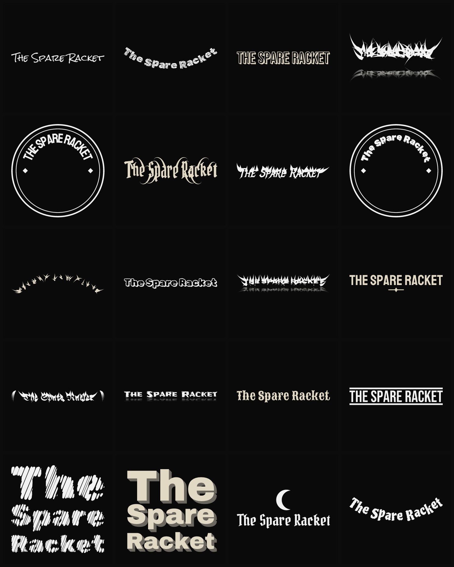 Twenty The Spare Racket band logo ideas — different faces, treatments and spike settings