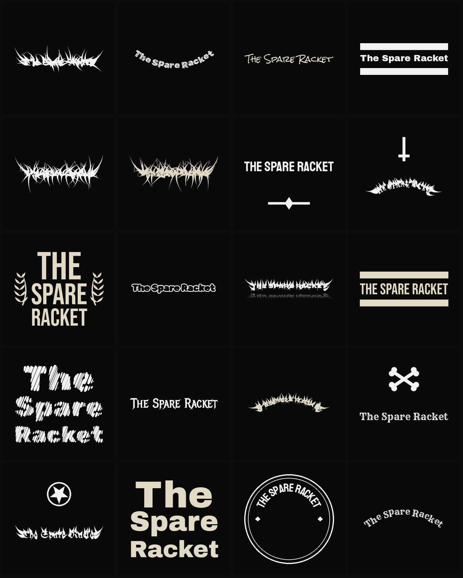 Twenty The Spare Racket band logo ideas — different faces, treatments and spike settings