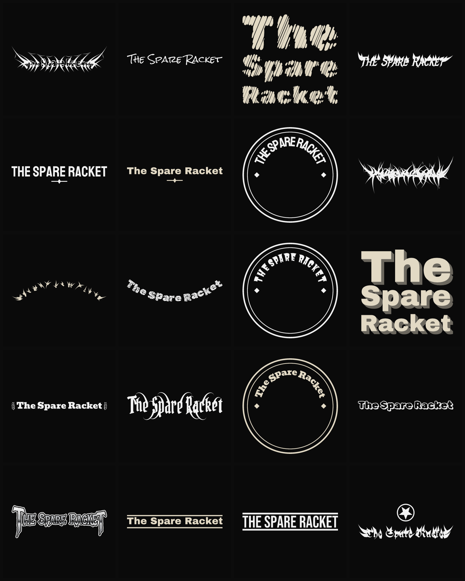 Twenty The Spare Racket band logo ideas — different faces, treatments and spike settings