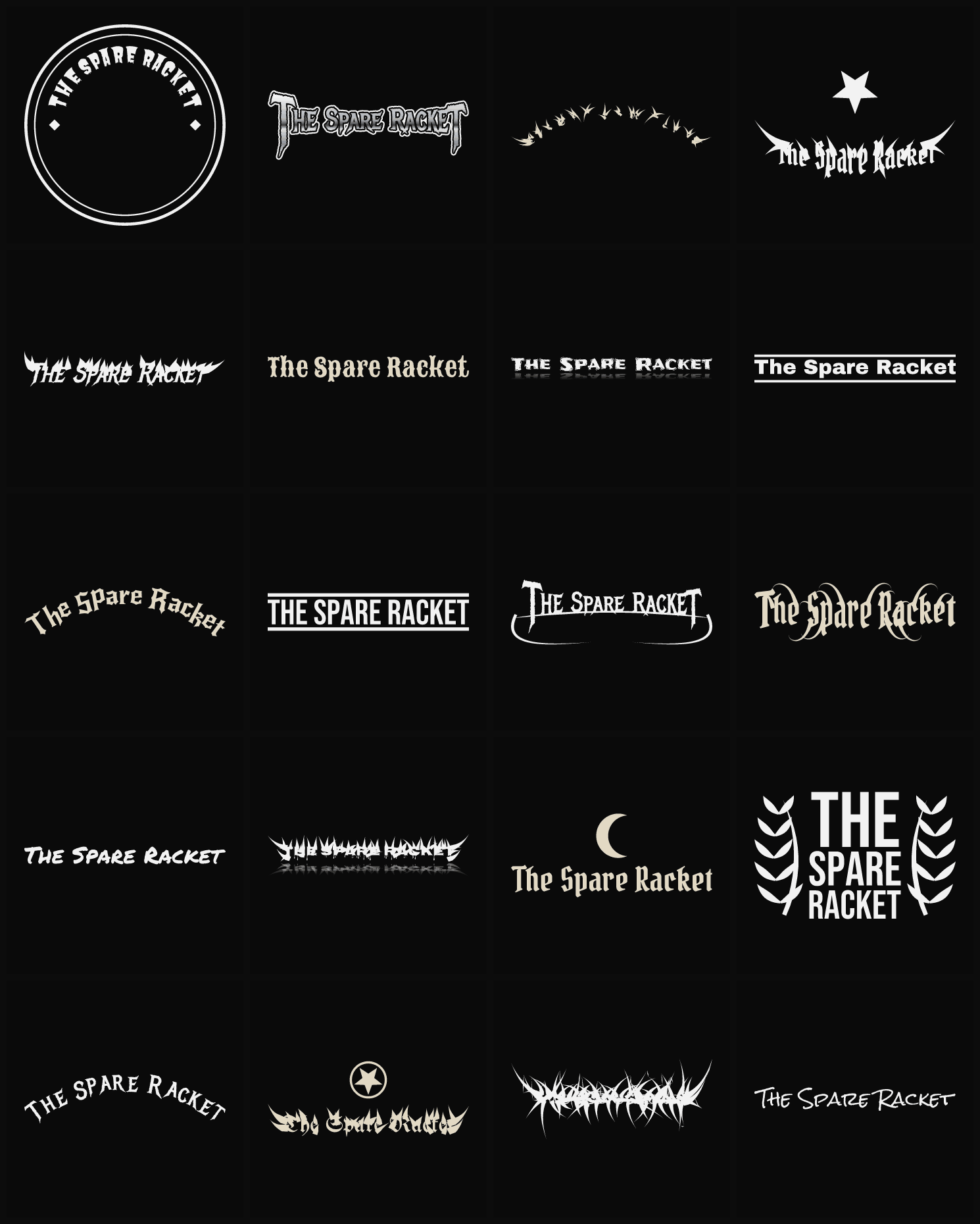 Twenty The Spare Racket band logo ideas — different faces, treatments and spike settings