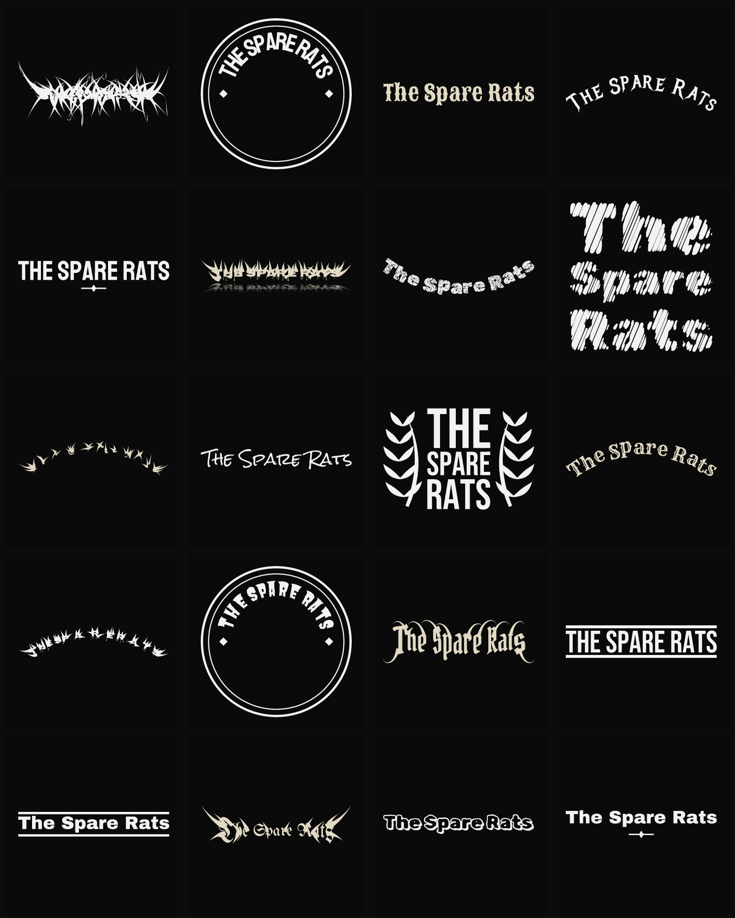 Twenty The Spare Rats band logo ideas — different faces, treatments and spike settings