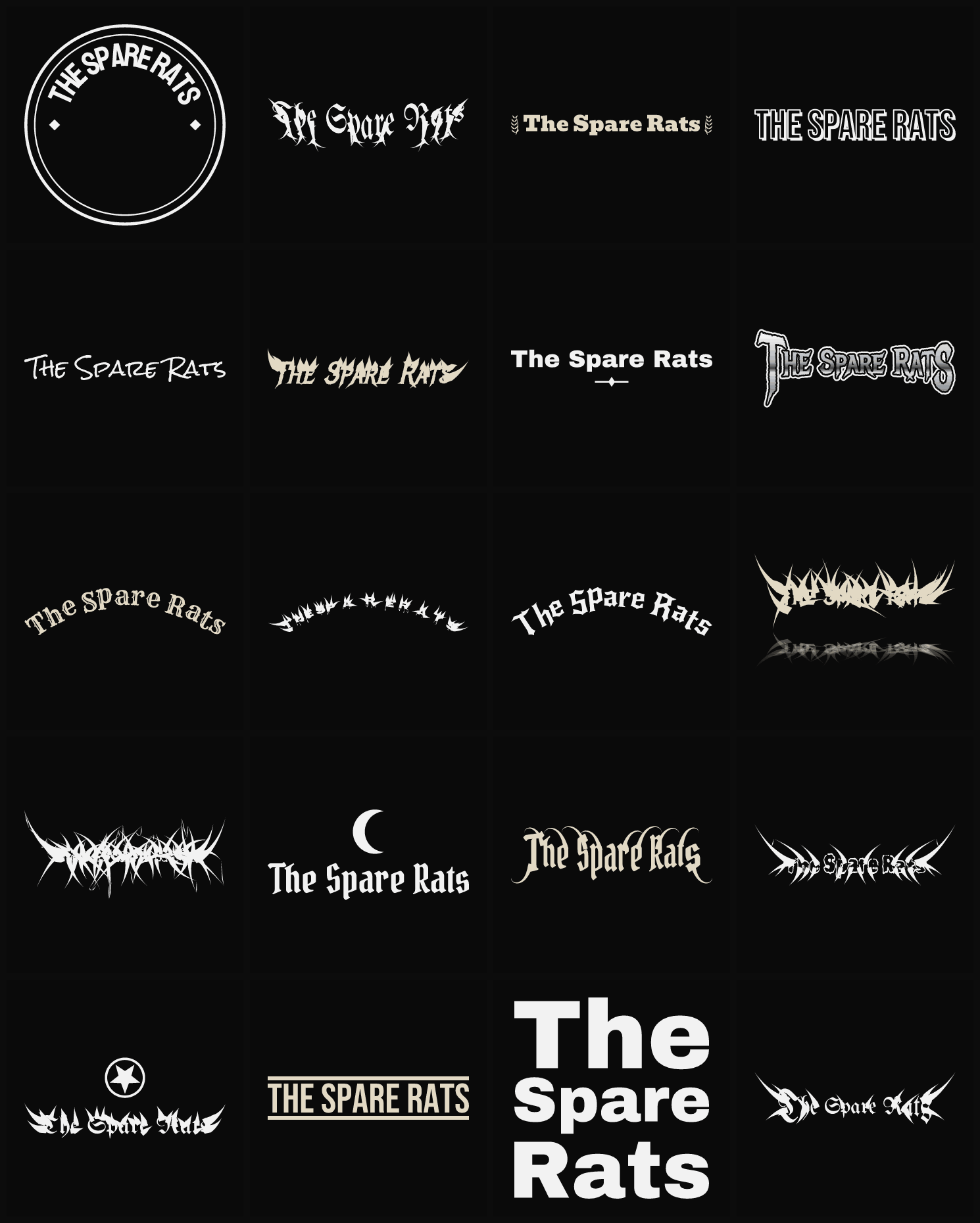 Twenty The Spare Rats band logo ideas — different faces, treatments and spike settings