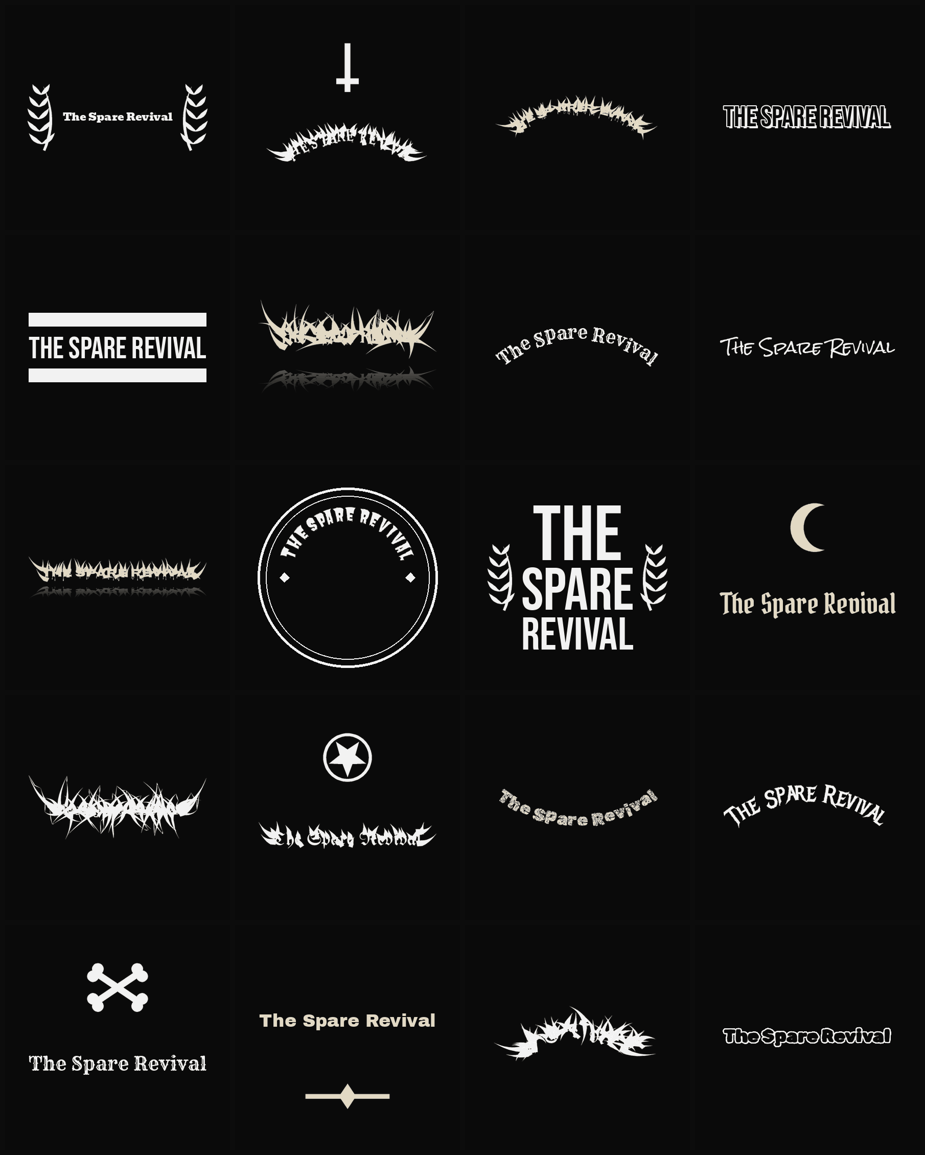 Twenty The Spare Revival band logo ideas — different faces, treatments and spike settings