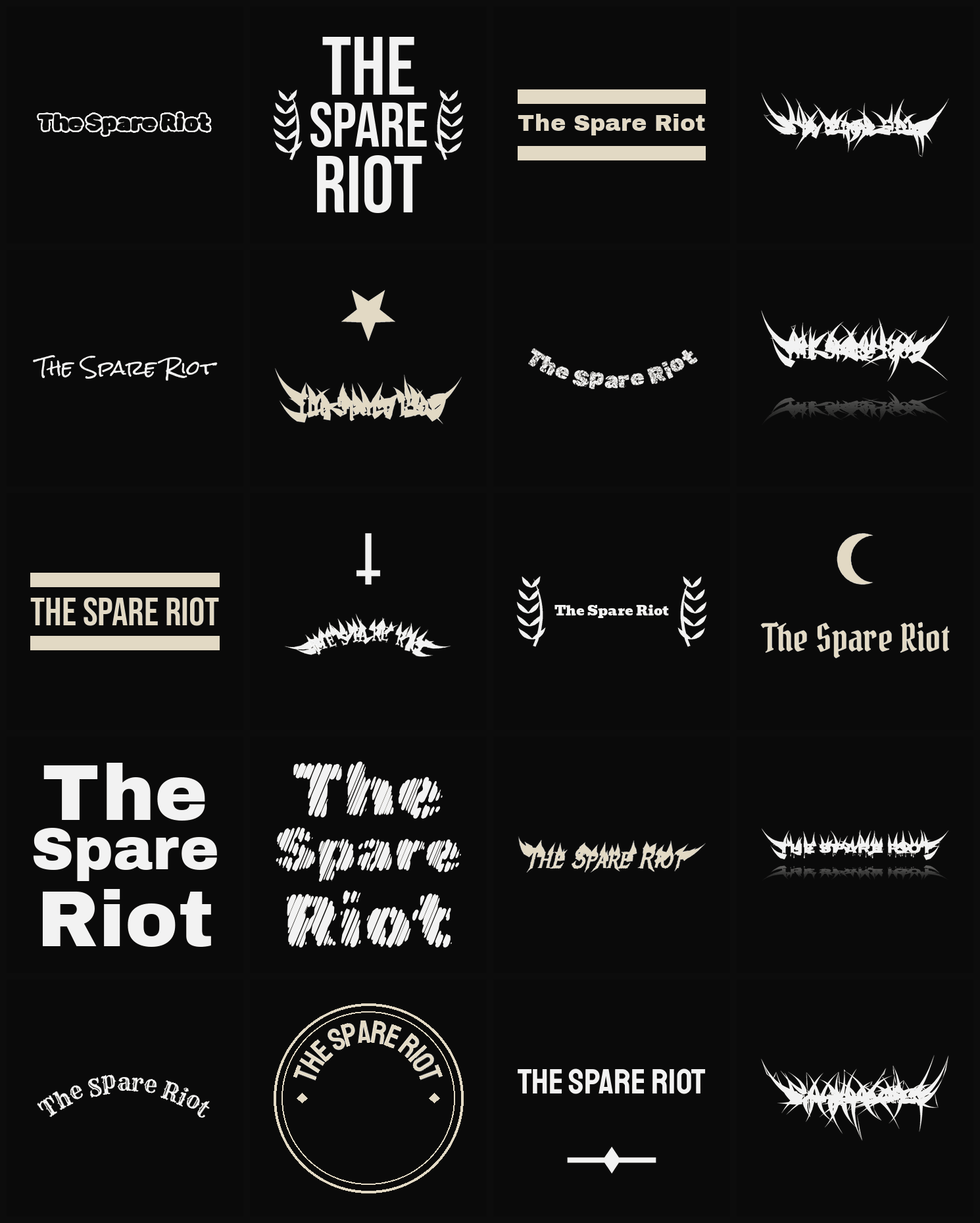 Twenty The Spare Riot band logo ideas — different faces, treatments and spike settings