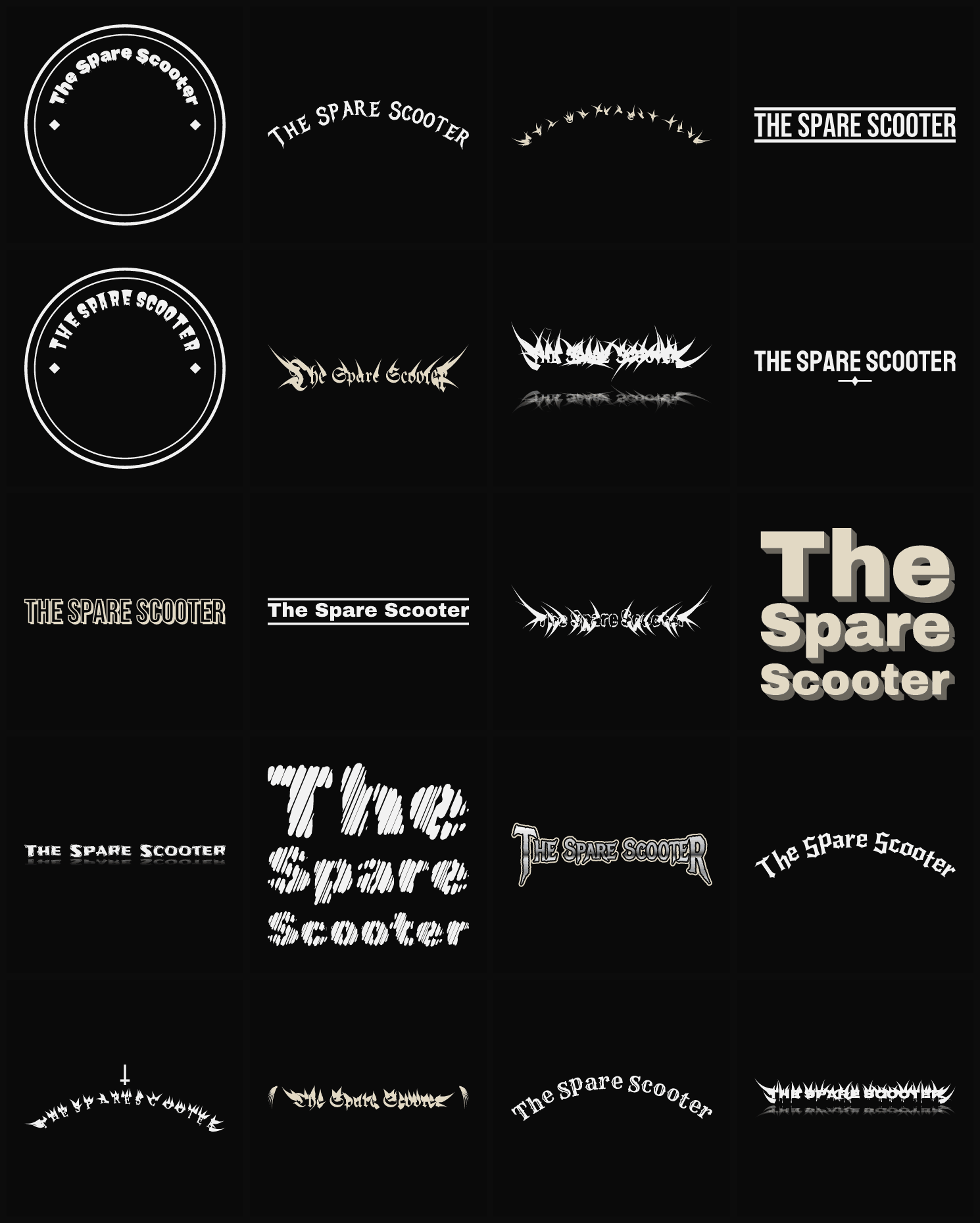 Twenty The Spare Scooter band logo ideas — different faces, treatments and spike settings