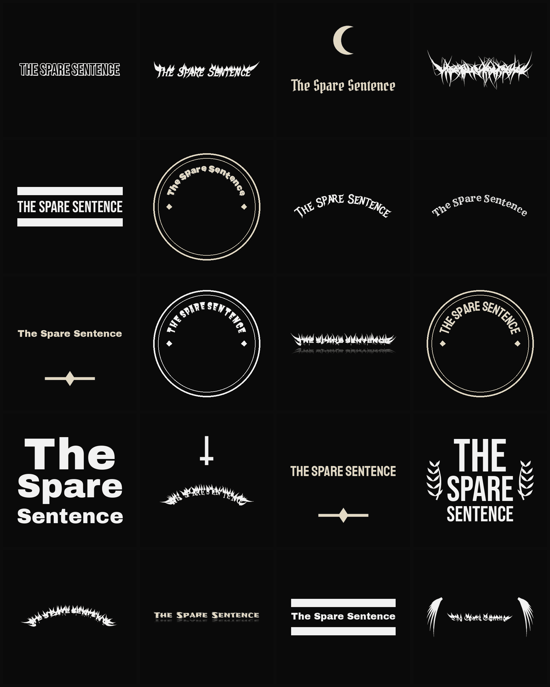 Twenty The Spare Sentence band logo ideas — different faces, treatments and spike settings