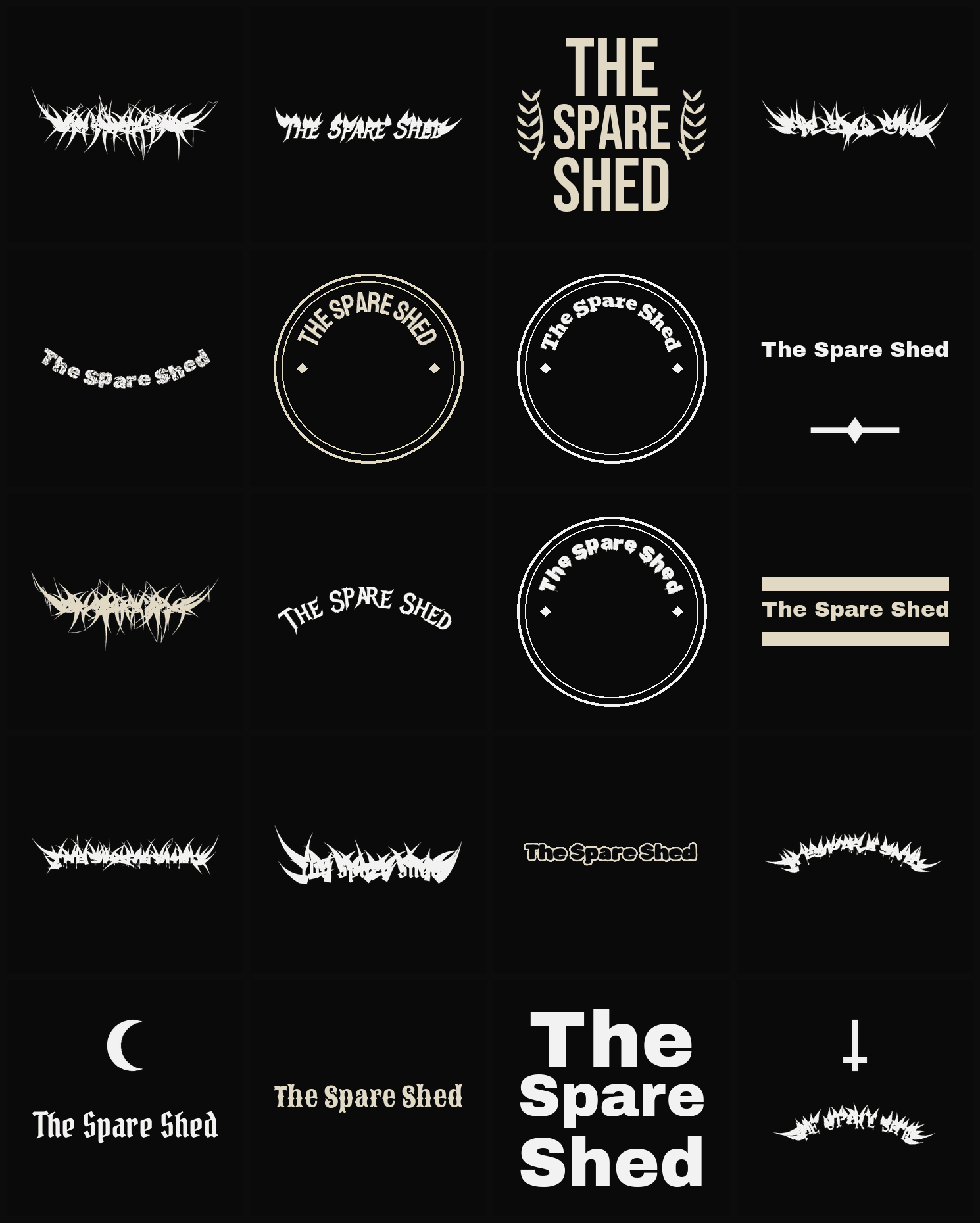 Twenty The Spare Shed band logo ideas — different faces, treatments and spike settings