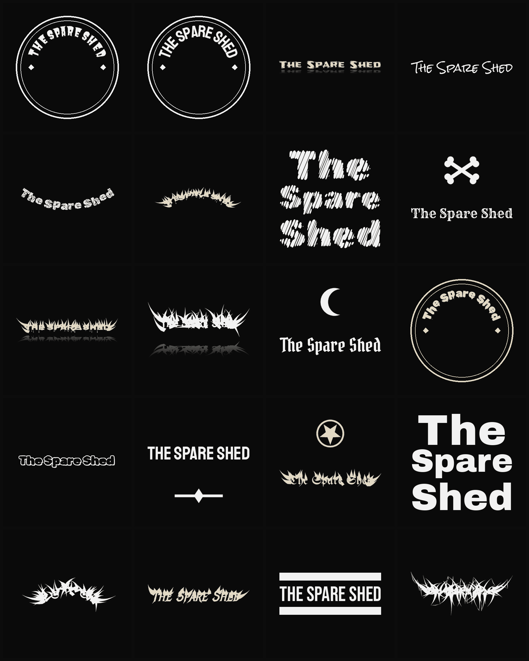 Twenty The Spare Shed band logo ideas — different faces, treatments and spike settings