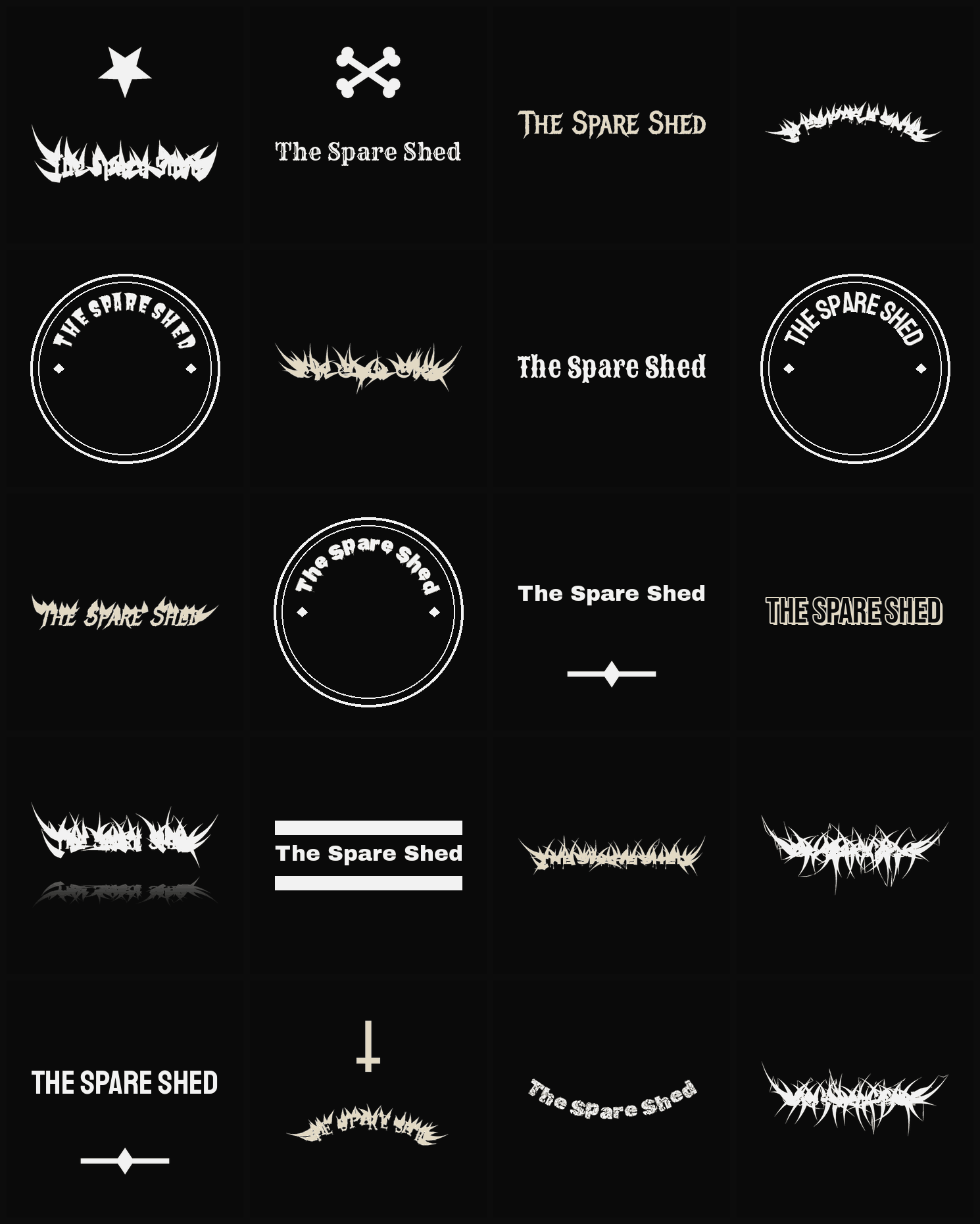 Twenty The Spare Shed band logo ideas — different faces, treatments and spike settings