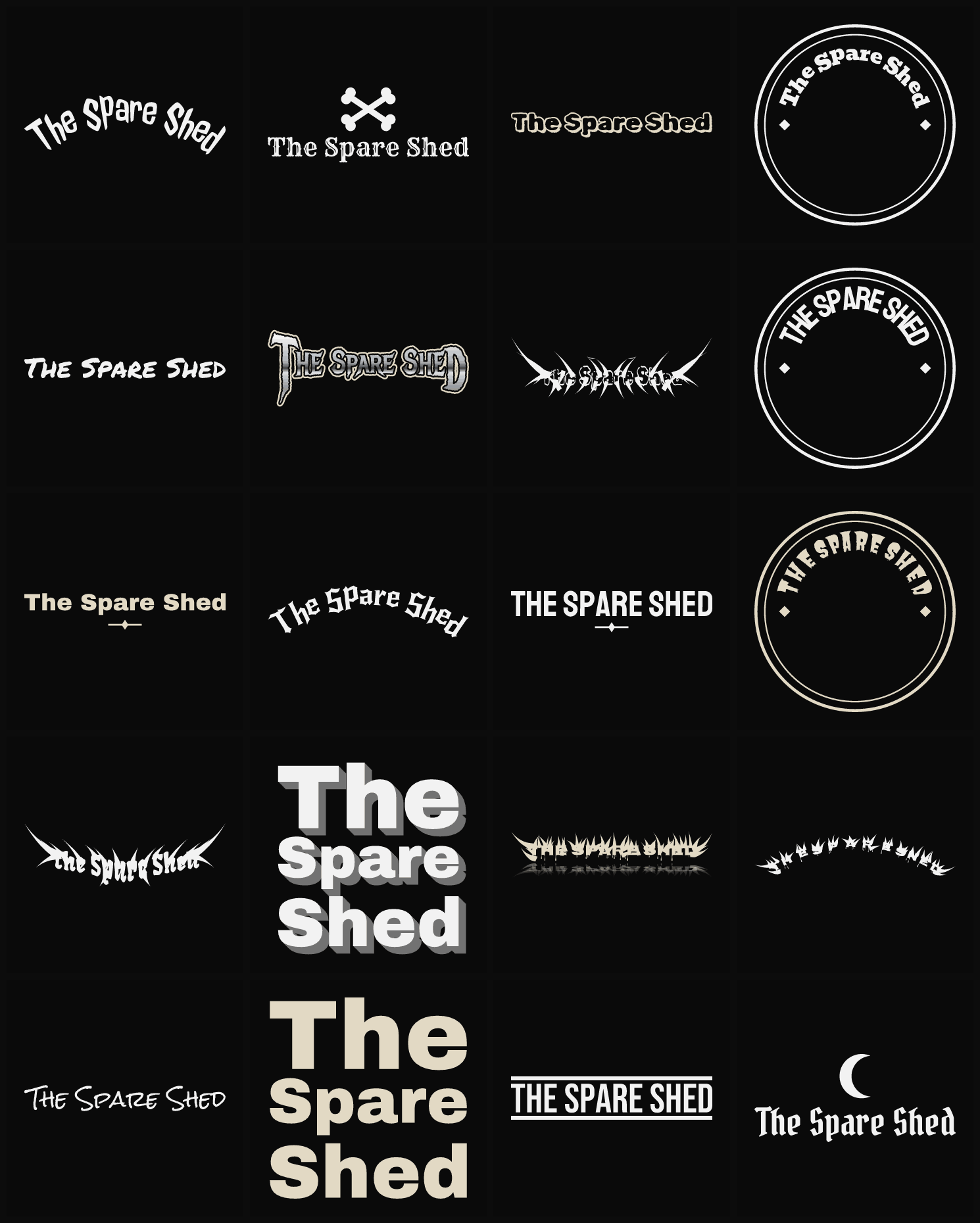 Twenty The Spare Shed band logo ideas — different faces, treatments and spike settings