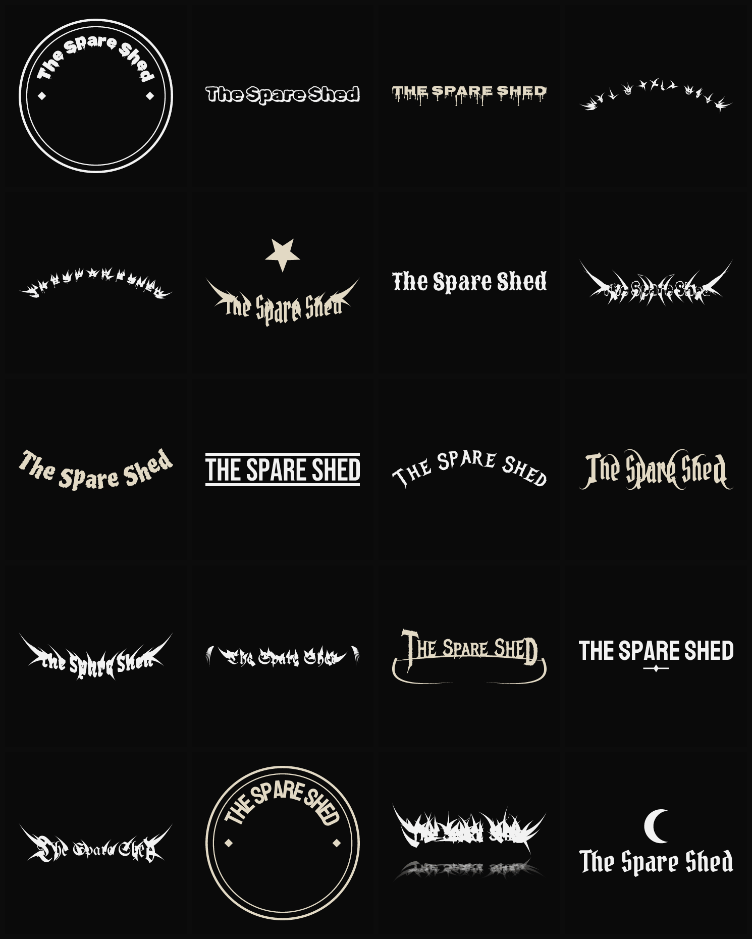 Twenty The Spare Shed band logo ideas — different faces, treatments and spike settings