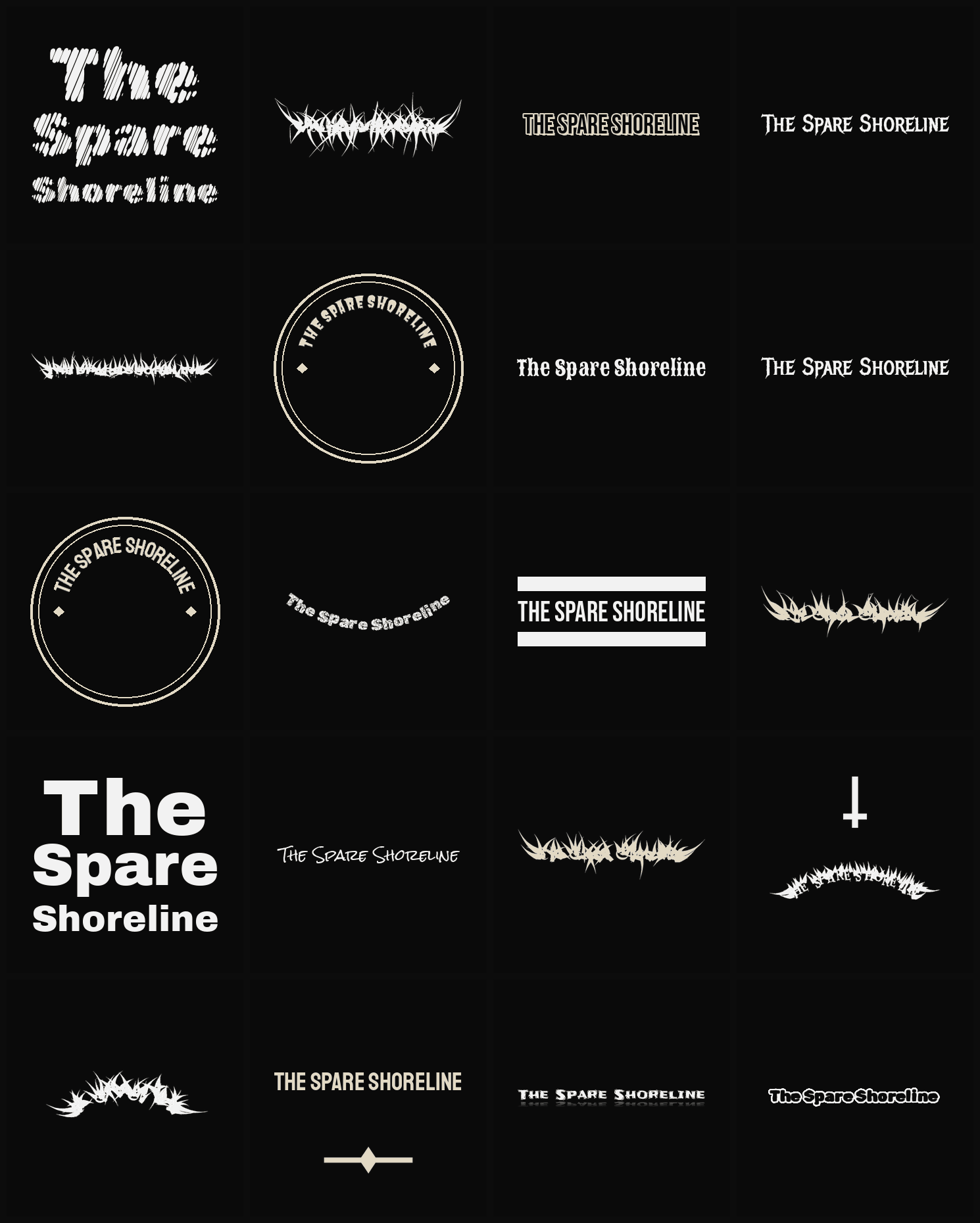Twenty The Spare Shoreline band logo ideas — different faces, treatments and spike settings