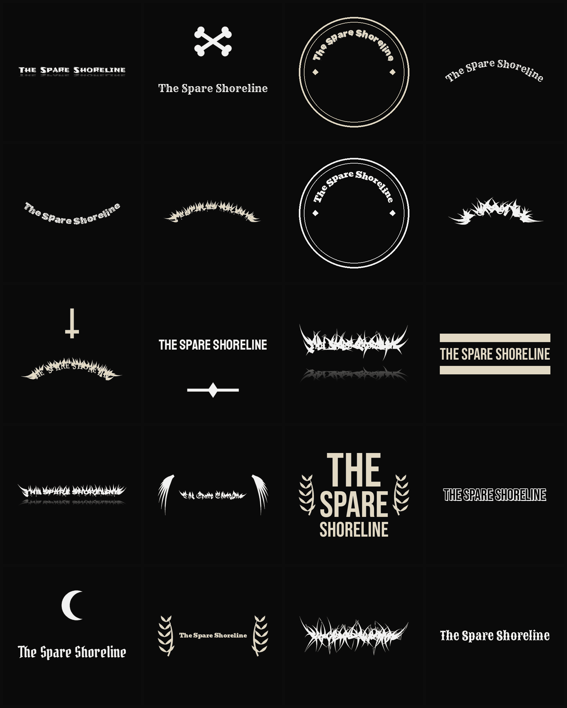 Twenty The Spare Shoreline band logo ideas — different faces, treatments and spike settings