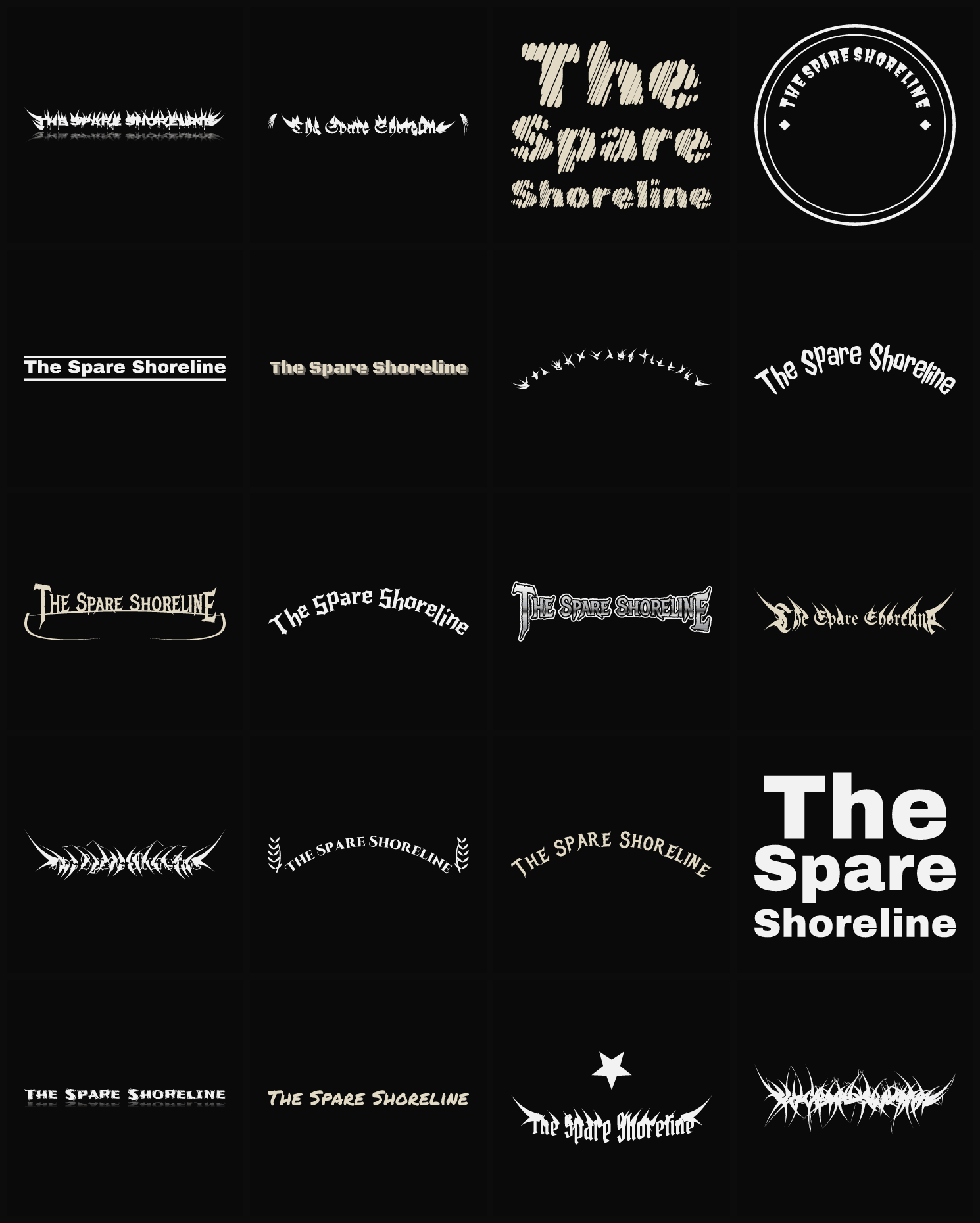 Twenty The Spare Shoreline band logo ideas — different faces, treatments and spike settings