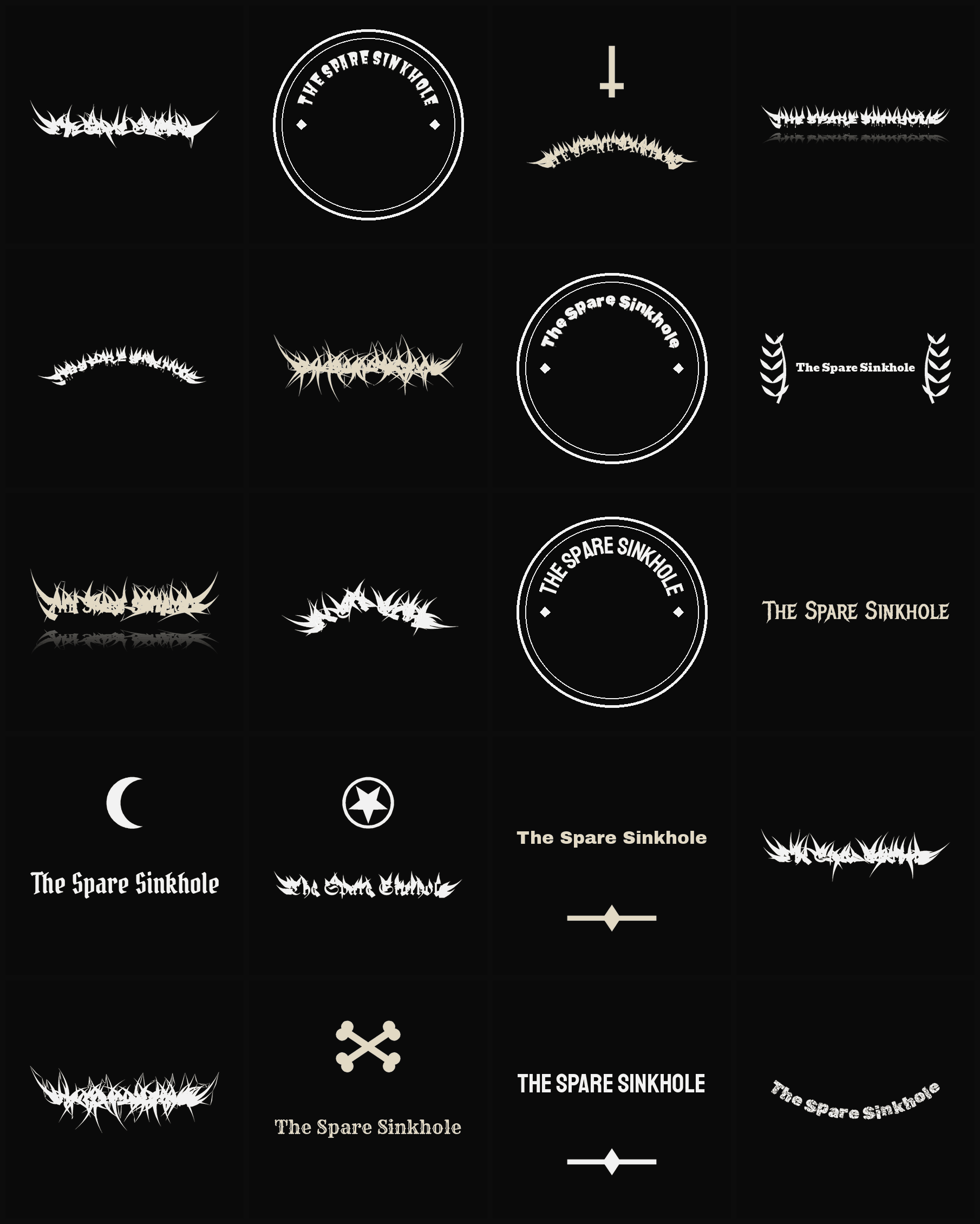 Twenty The Spare Sinkhole band logo ideas — different faces, treatments and spike settings