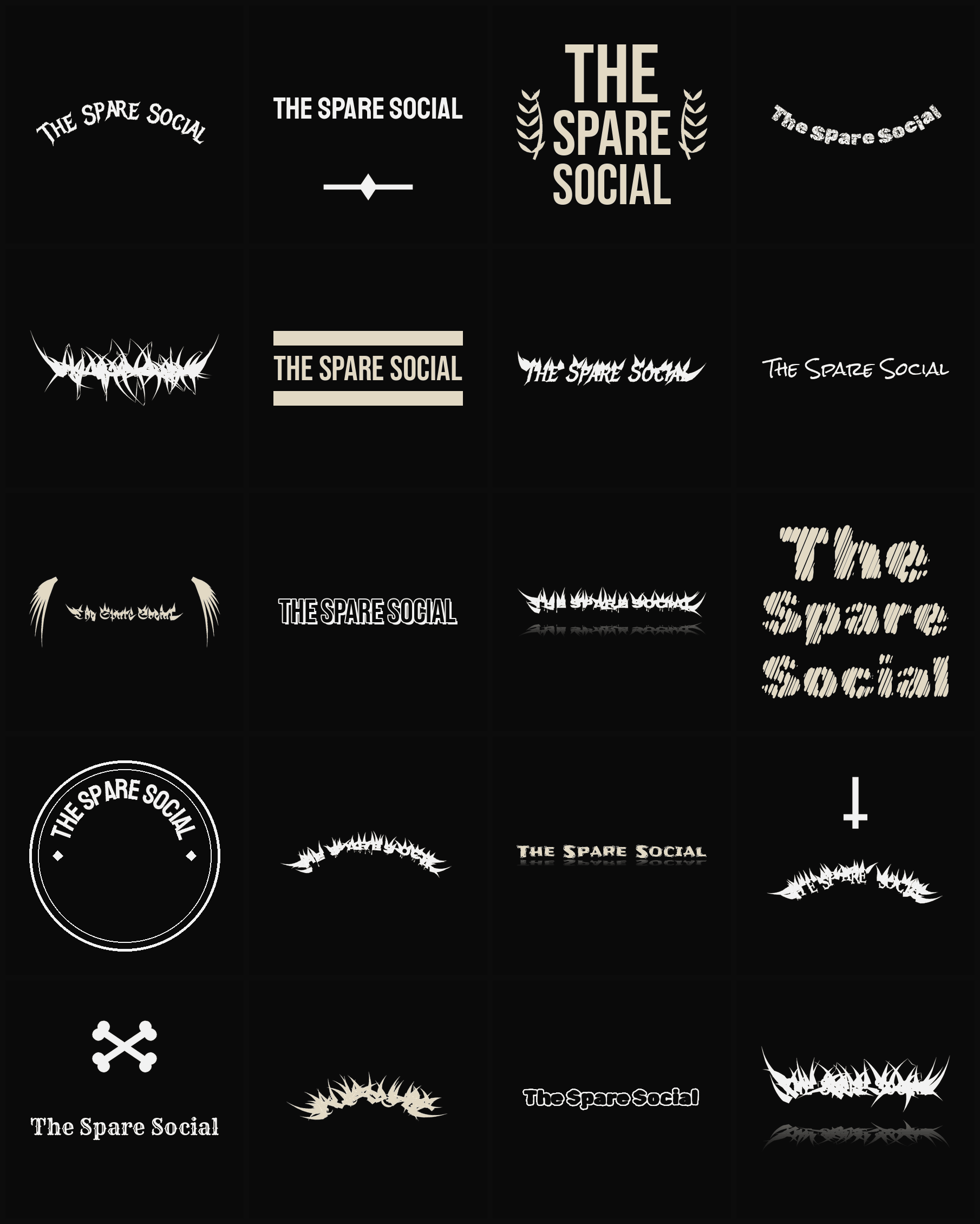 Twenty The Spare Social band logo ideas — different faces, treatments and spike settings