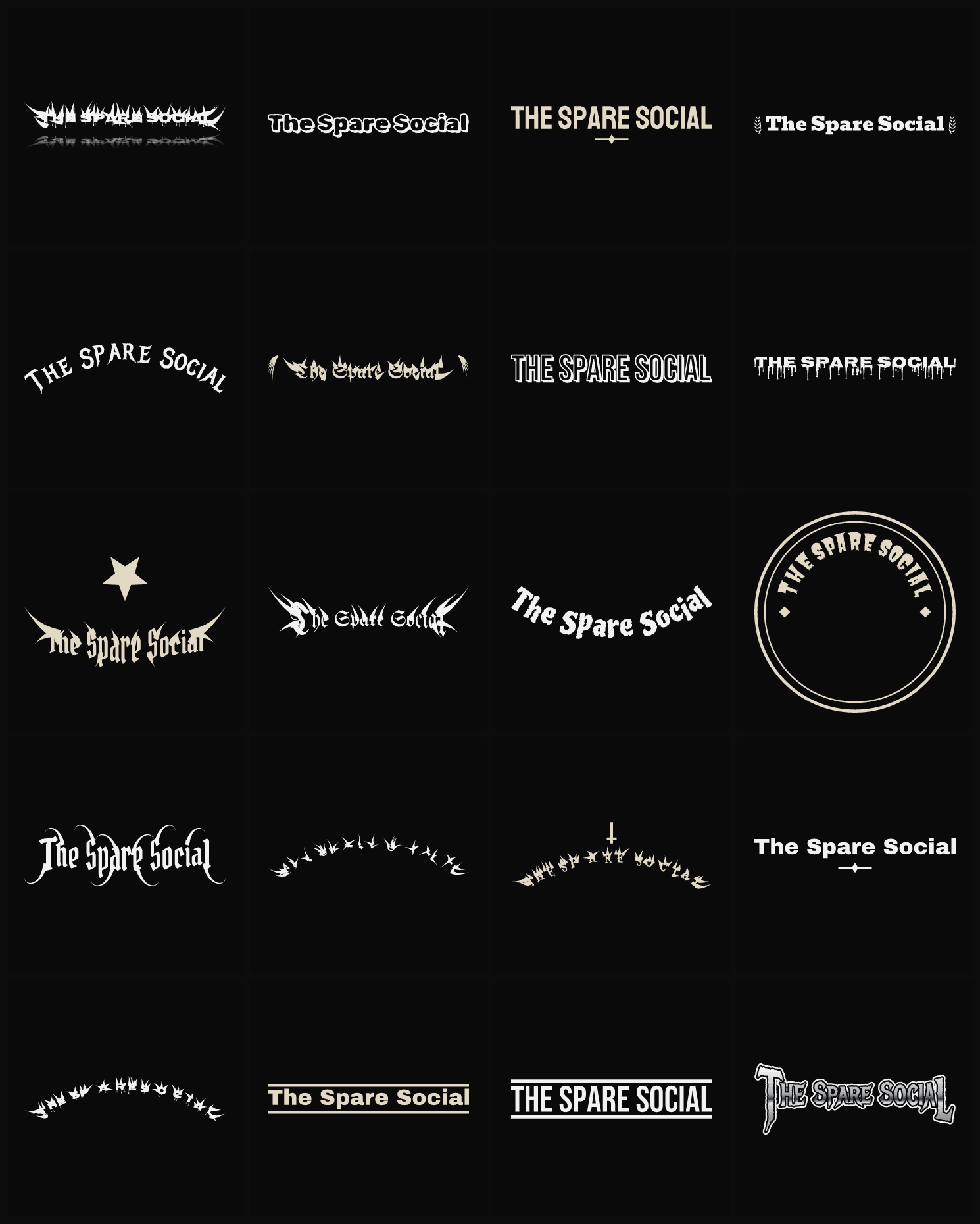 Twenty The Spare Social band logo ideas — different faces, treatments and spike settings