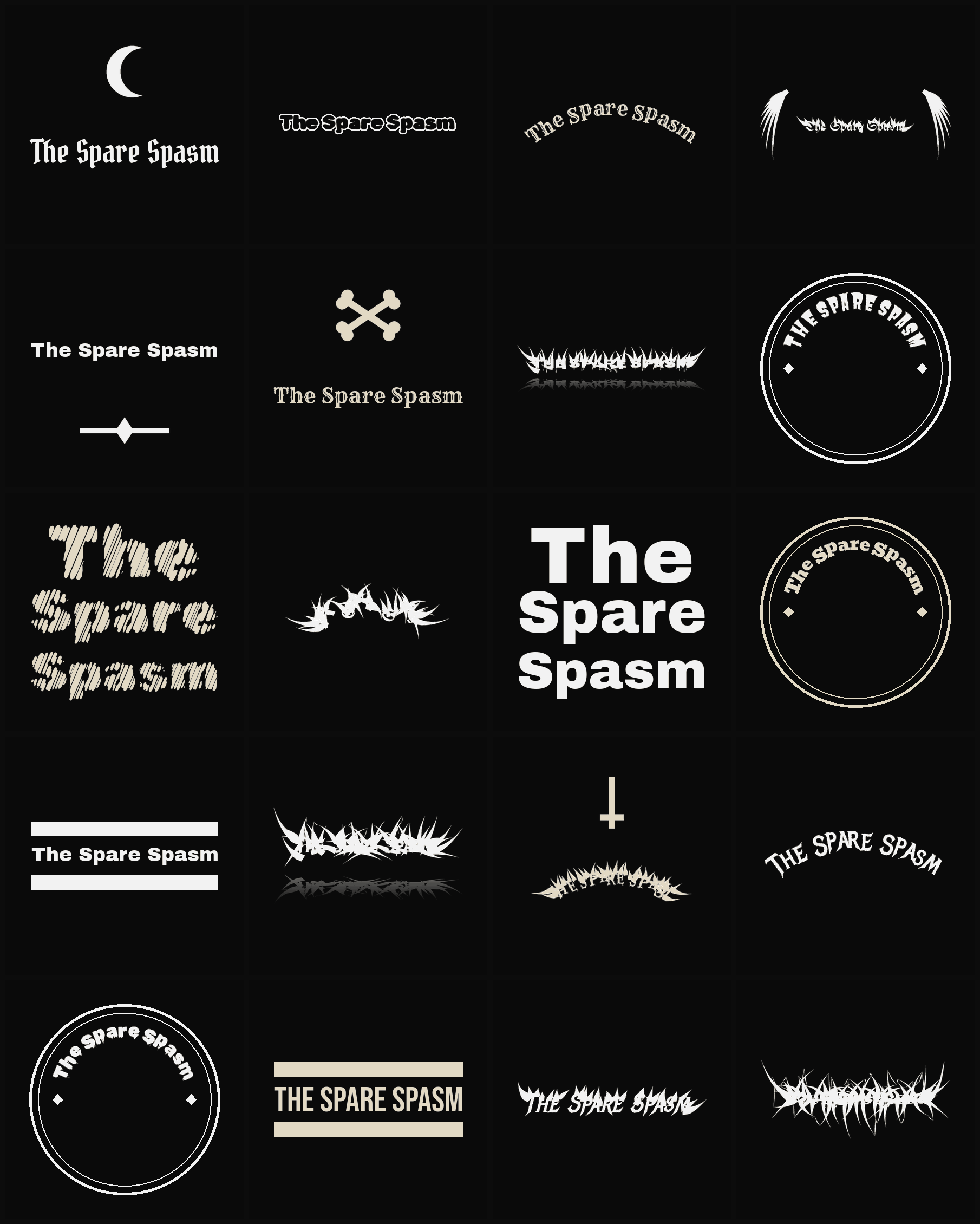 Twenty The Spare Spasm band logo ideas — different faces, treatments and spike settings