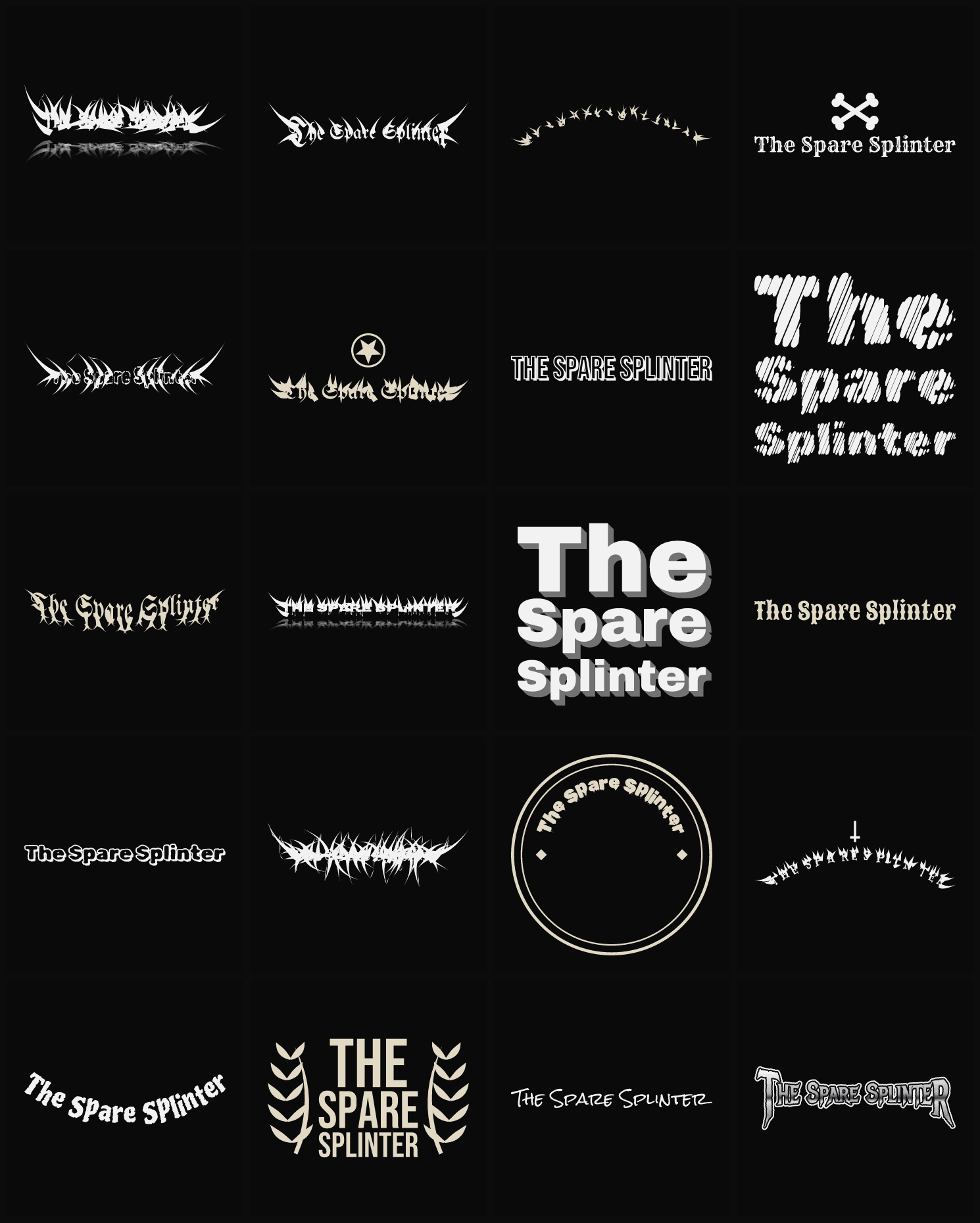 Twenty The Spare Splinter band logo ideas — different faces, treatments and spike settings