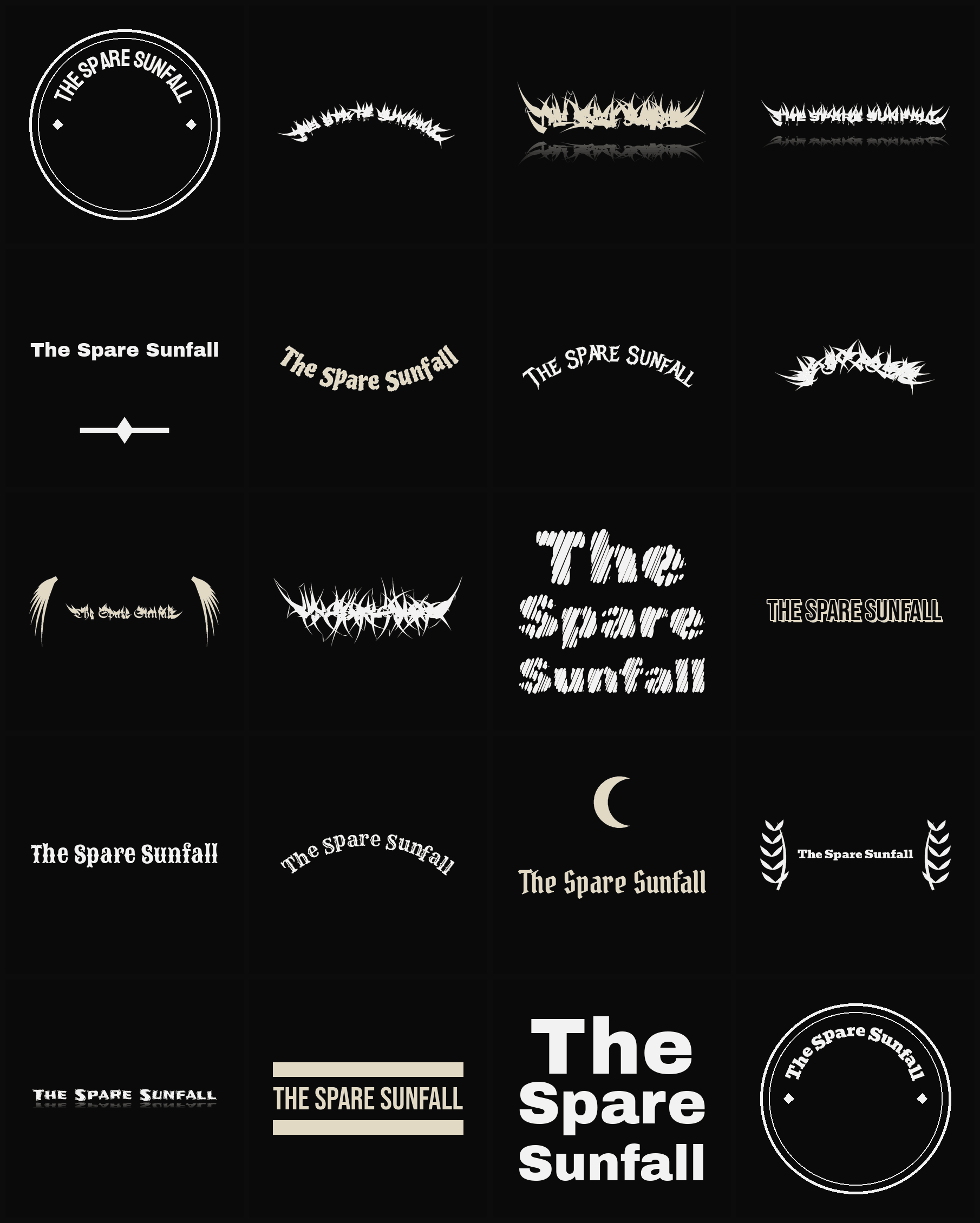 Twenty The Spare Sunfall band logo ideas — different faces, treatments and spike settings