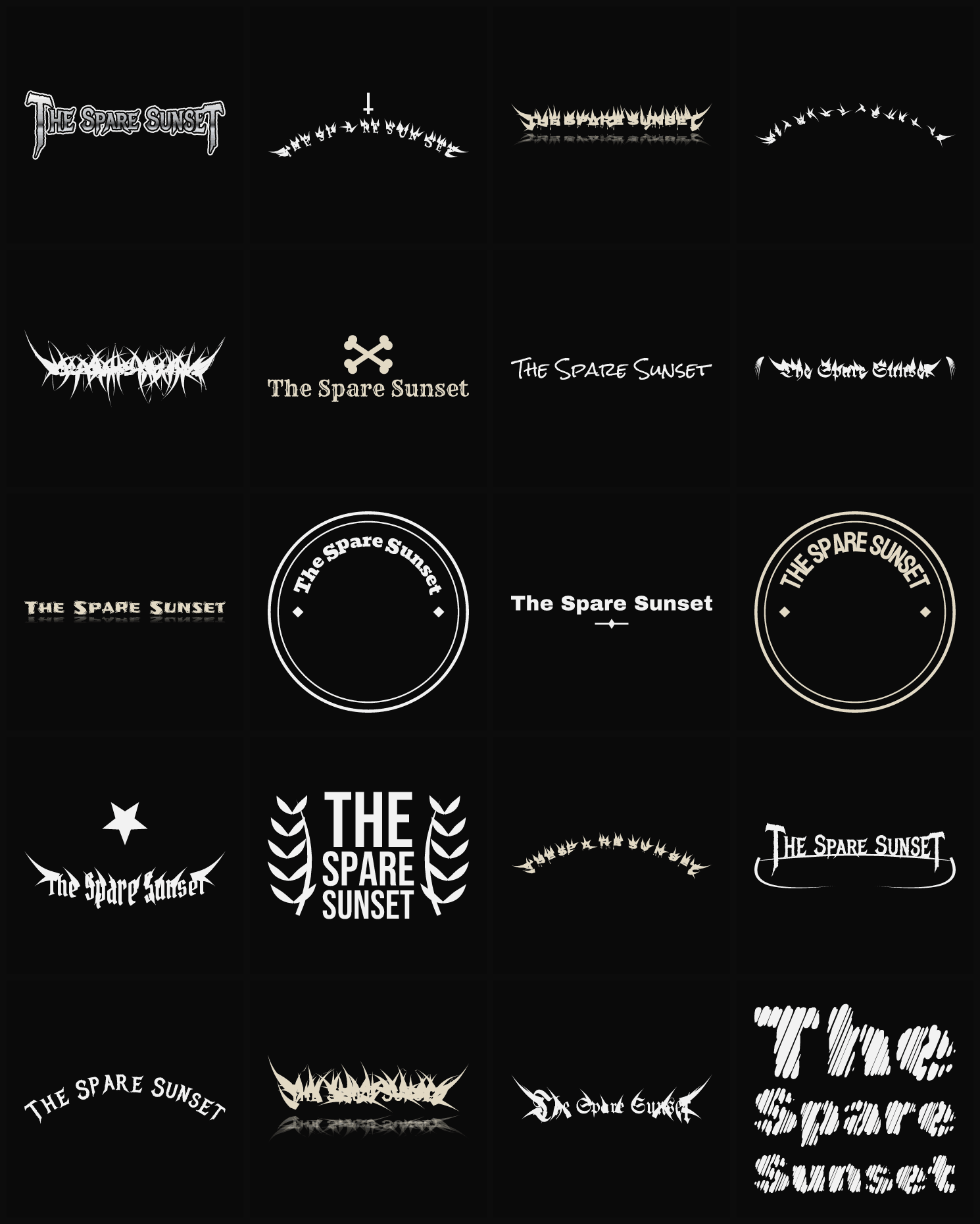 Twenty The Spare Sunset band logo ideas — different faces, treatments and spike settings