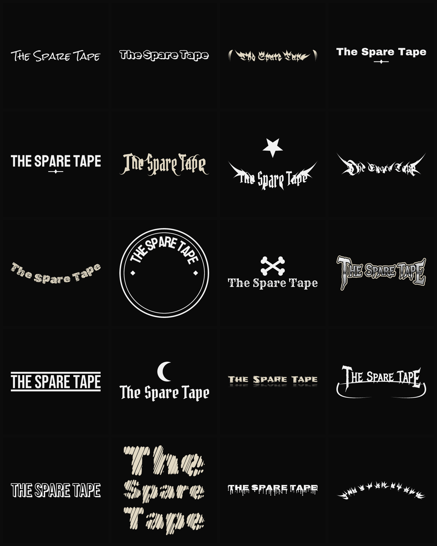 Twenty The Spare Tape band logo ideas — different faces, treatments and spike settings