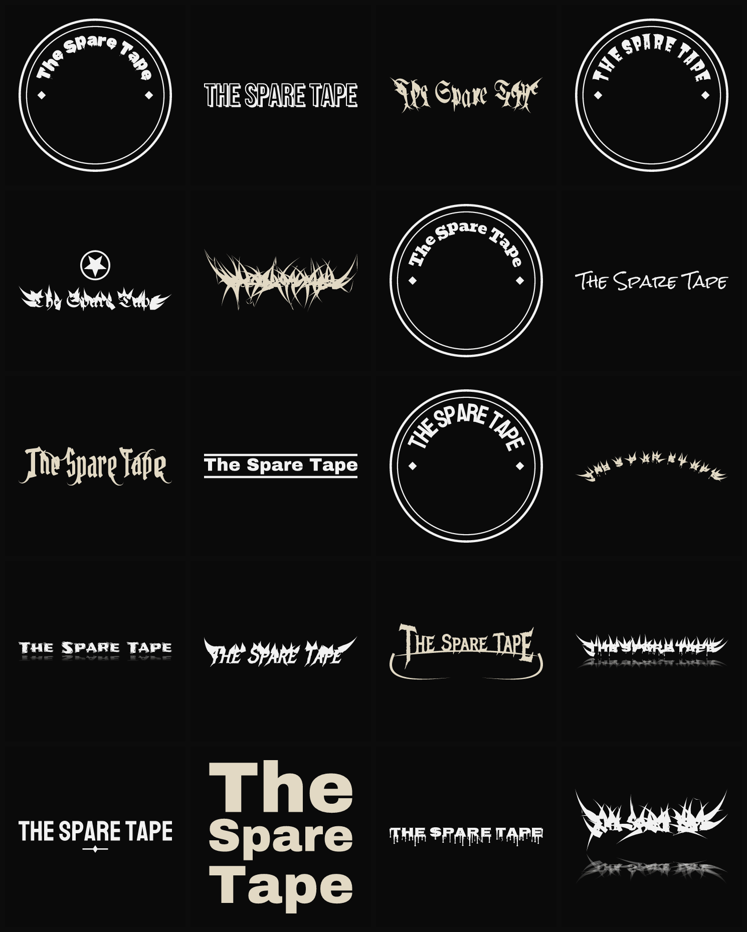 Twenty The Spare Tape band logo ideas — different faces, treatments and spike settings