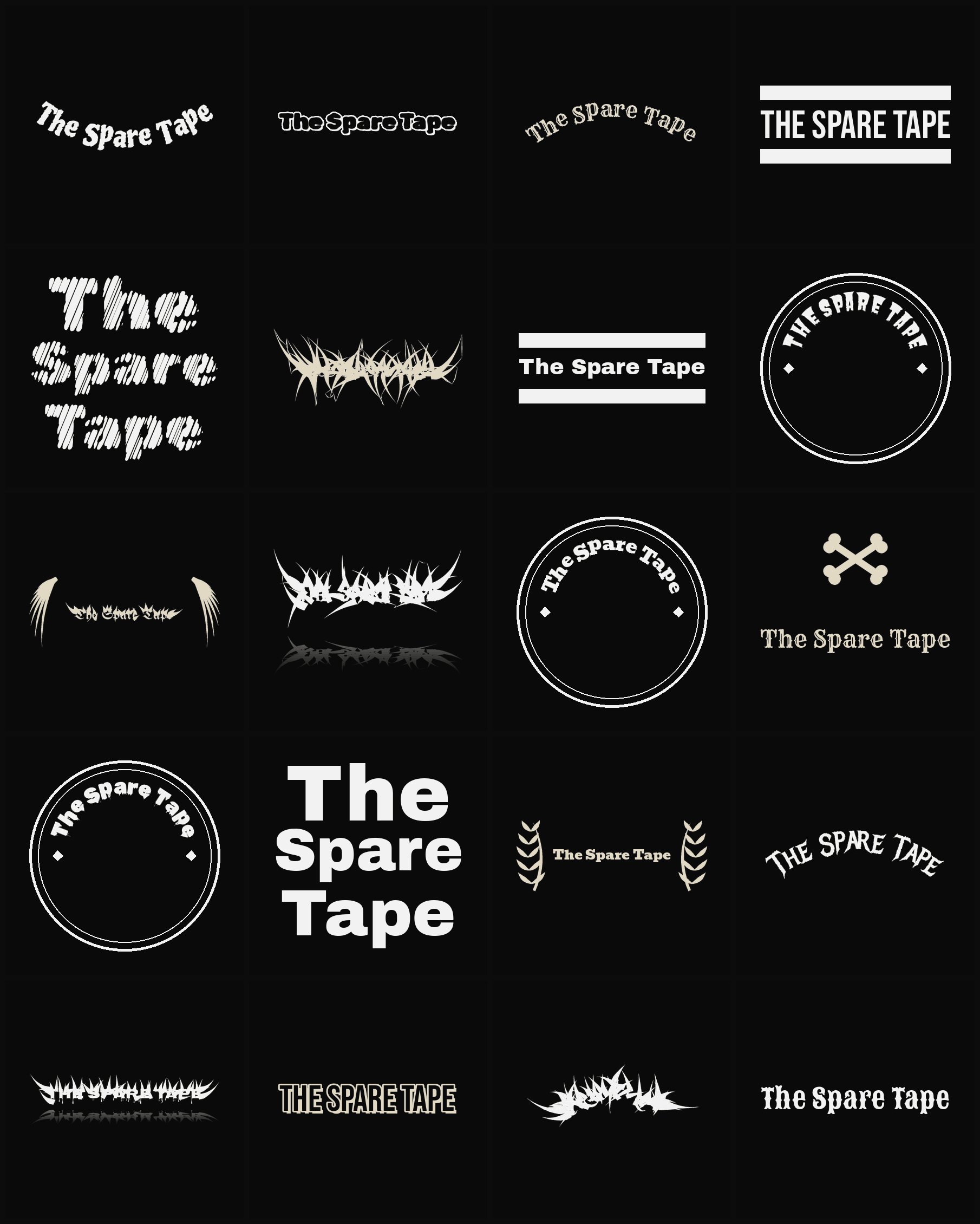 Twenty The Spare Tape band logo ideas — different faces, treatments and spike settings