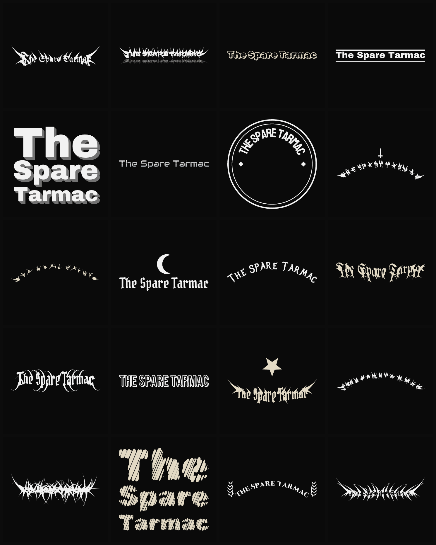 Twenty The Spare Tarmac band logo ideas — different faces, treatments and spike settings