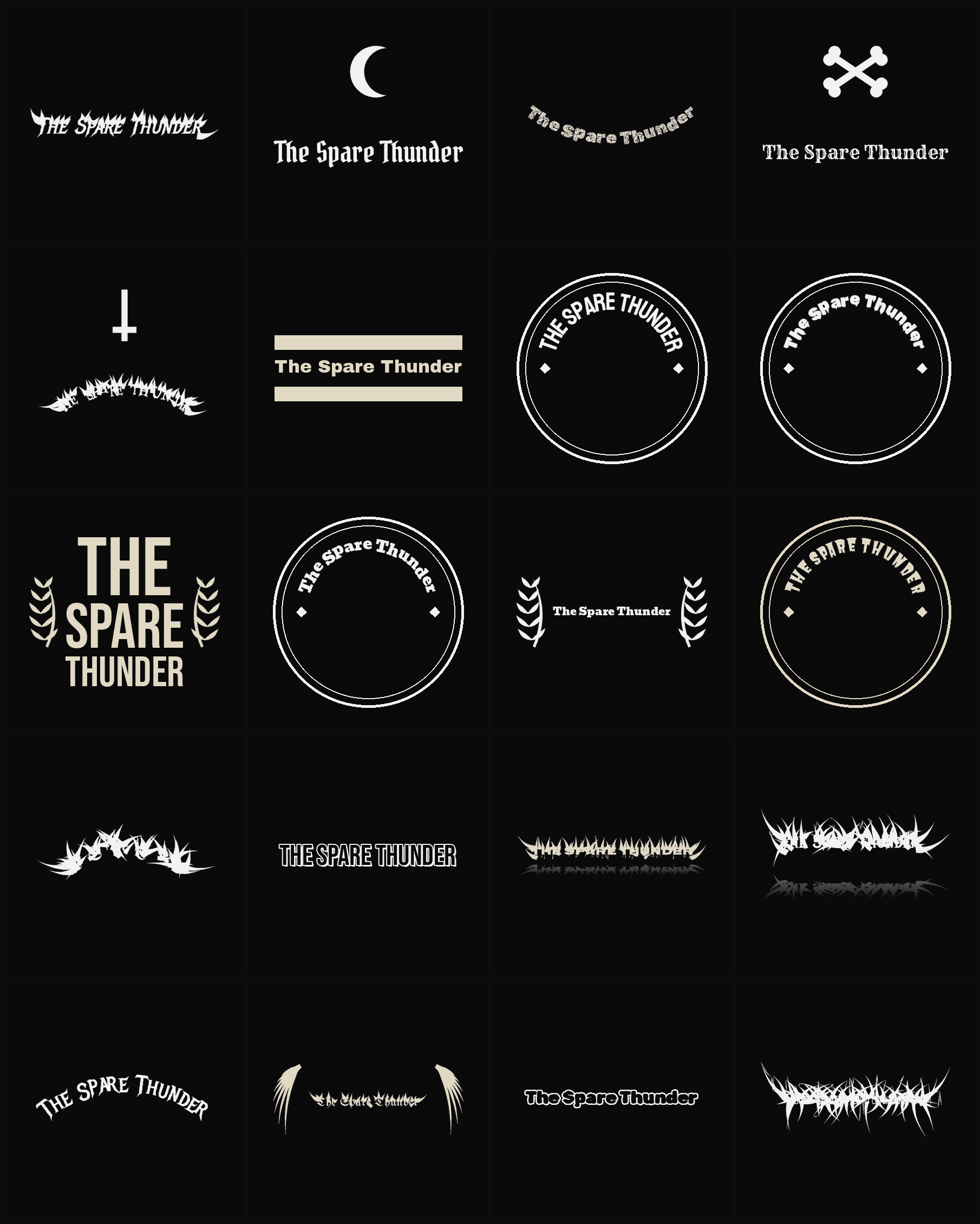 Twenty The Spare Thunder band logo ideas — different faces, treatments and spike settings