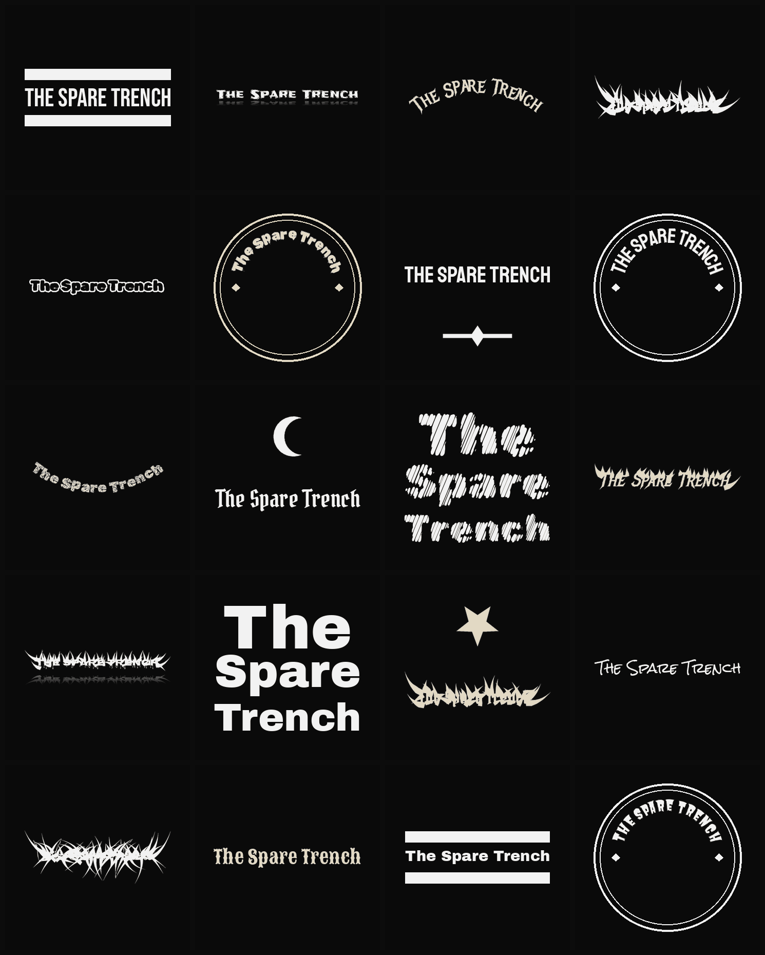 Twenty The Spare Trench band logo ideas — different faces, treatments and spike settings