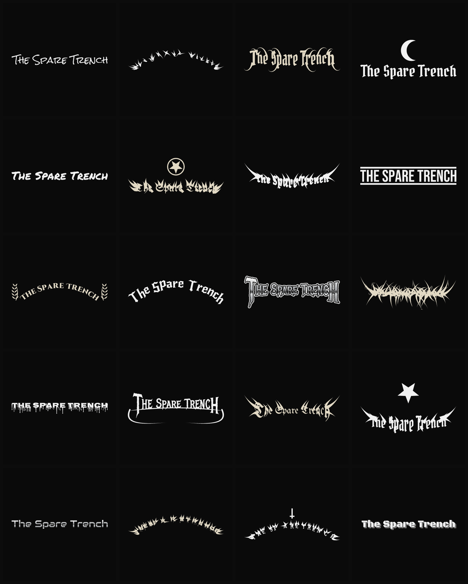 Twenty The Spare Trench band logo ideas — different faces, treatments and spike settings