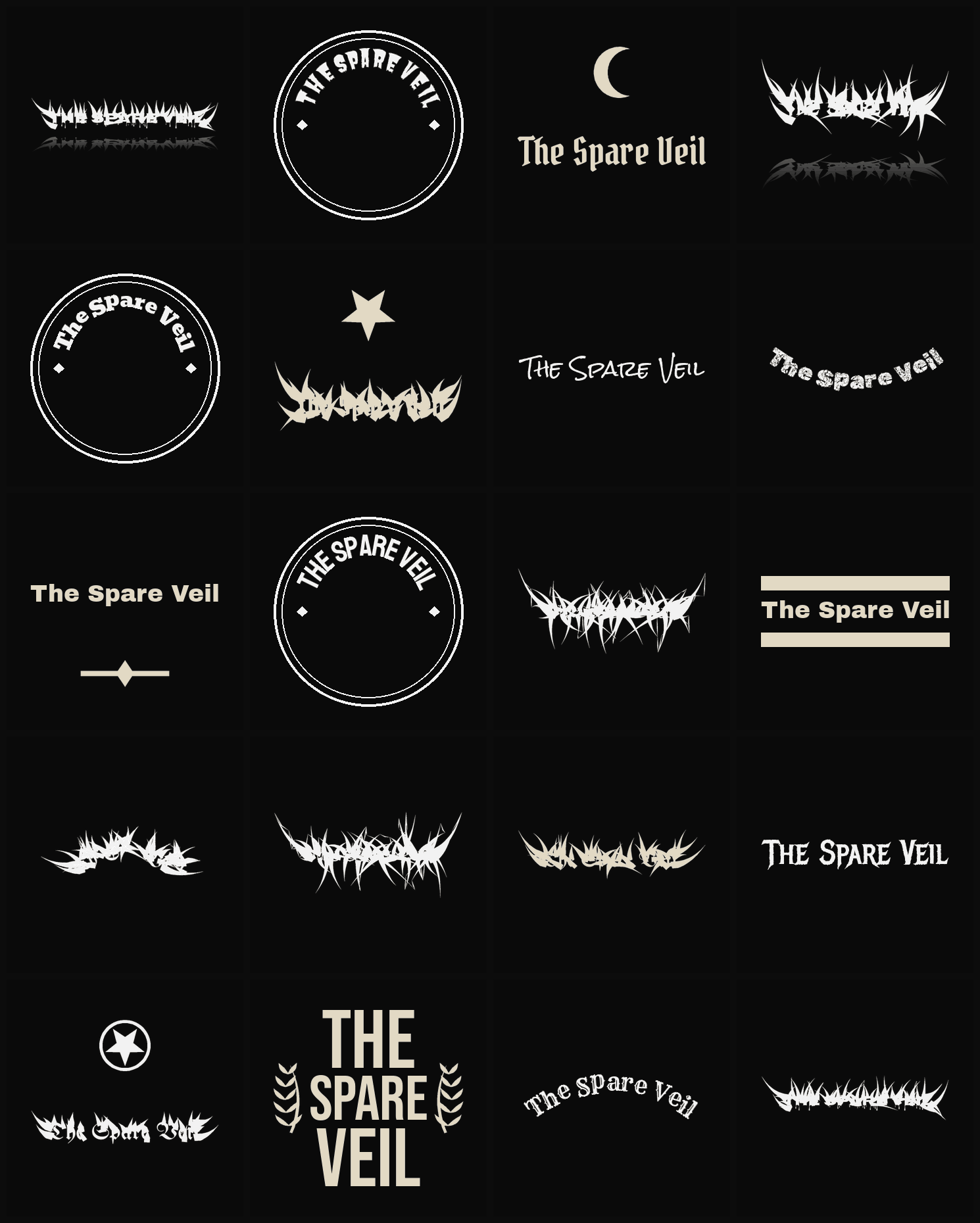 Twenty The Spare Veil band logo ideas — different faces, treatments and spike settings