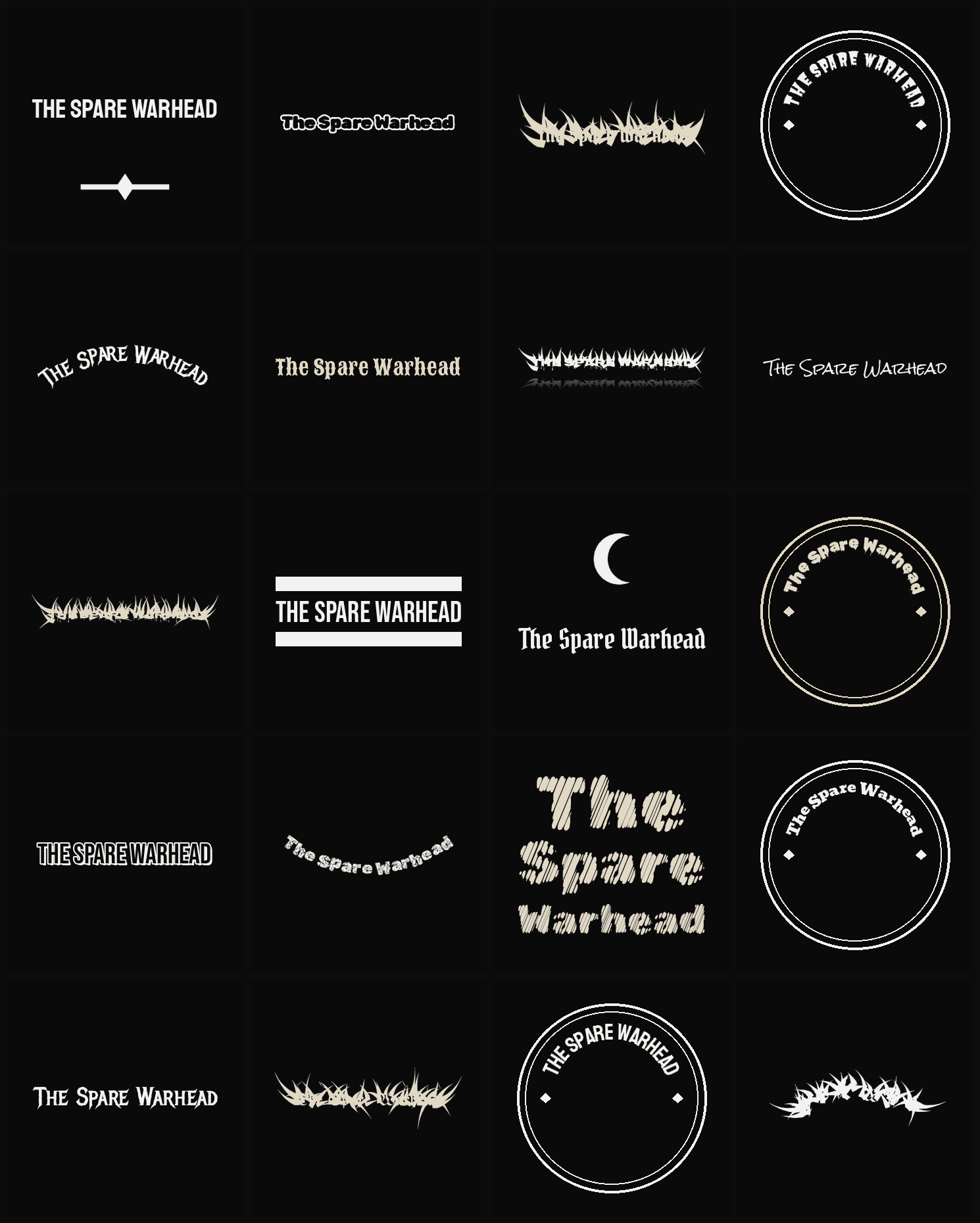 Twenty The Spare Warhead band logo ideas — different faces, treatments and spike settings