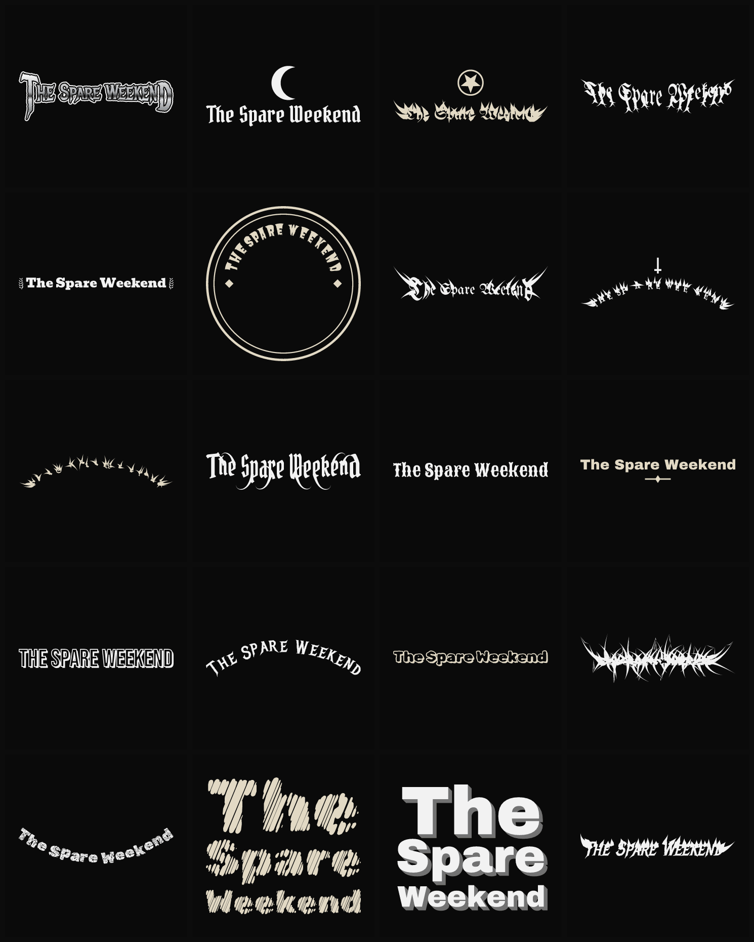 Twenty The Spare Weekend band logo ideas — different faces, treatments and spike settings