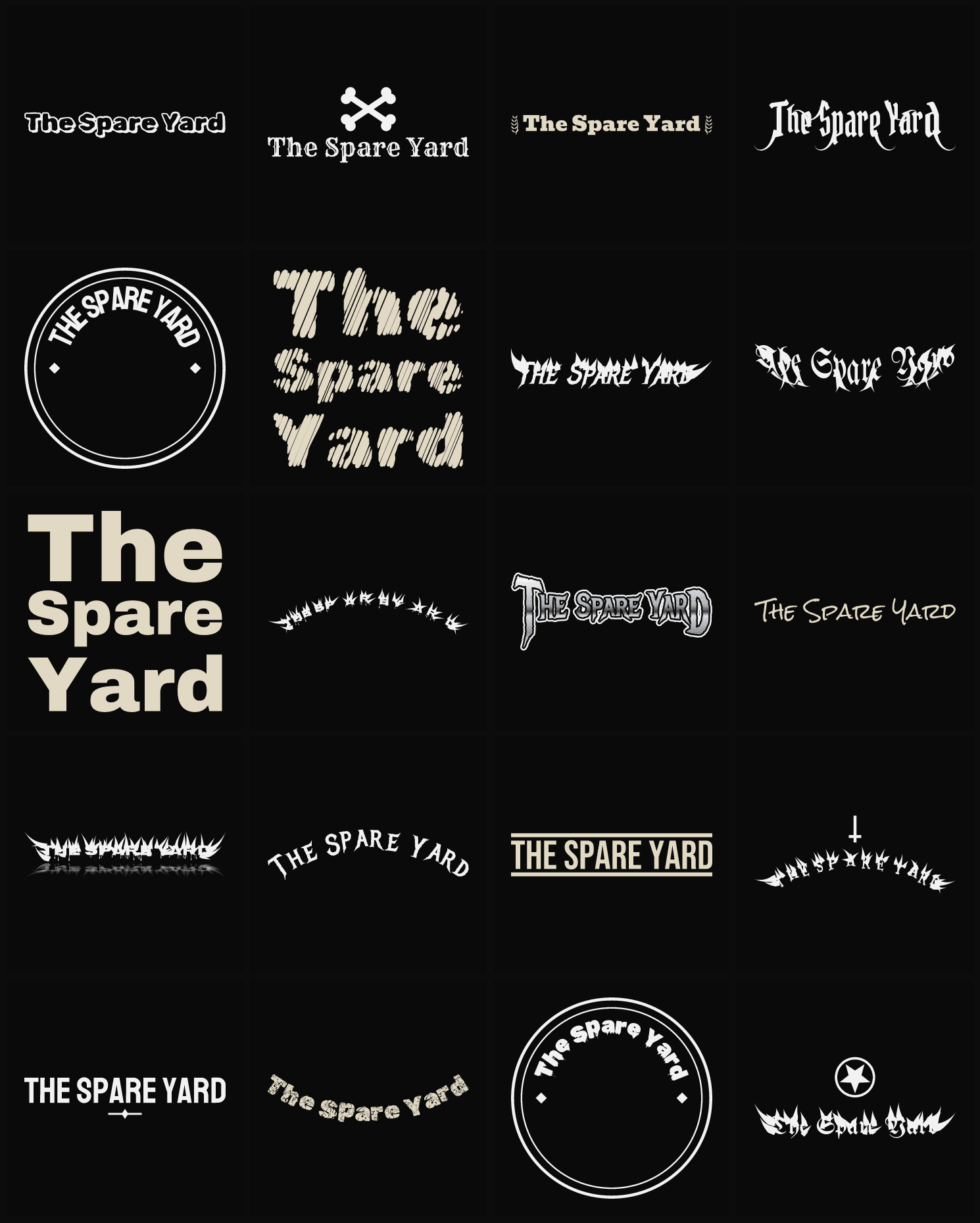 Twenty The Spare Yard band logo ideas — different faces, treatments and spike settings
